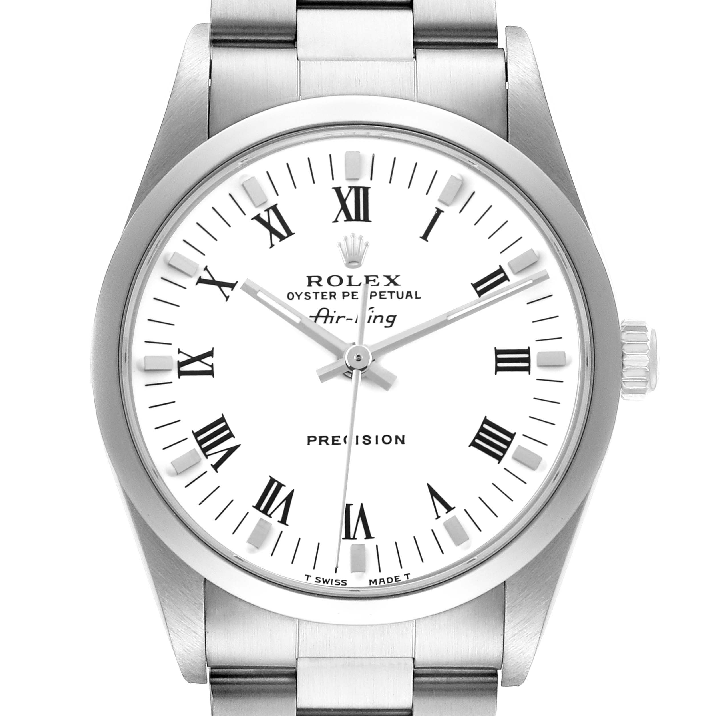 The image shows a front view of the Rolex Air-King 14000 Men's Stainless Steel White Dial 14000 Men's Stainless Steel White Dial watch, highlighting its dial and bracelet.