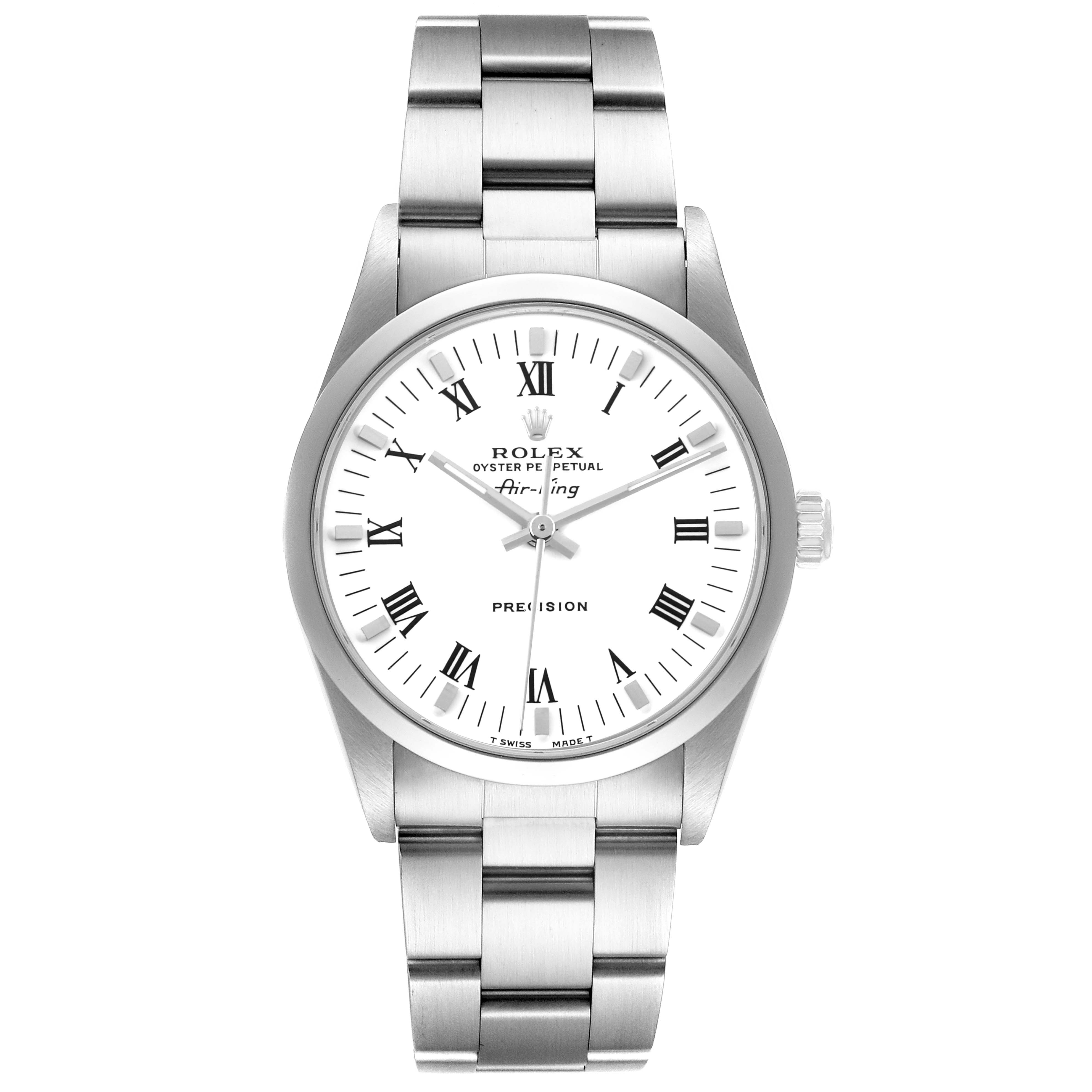 The Rolex Air-King 14000 Men's Stainless Steel White Dial 14000 Men's Stainless Steel White Dial watch is shown from a frontal angle, highlighting the dial, crown, and bracelet.
