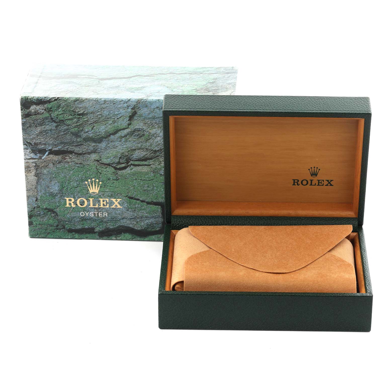The image shows a Rolex Air-King 14000 Men's Stainless Steel White Dial 14000 Men's Stainless Steel White Dial box set, featuring an outer box, inner wooden box, and a protective watch pouch inside.