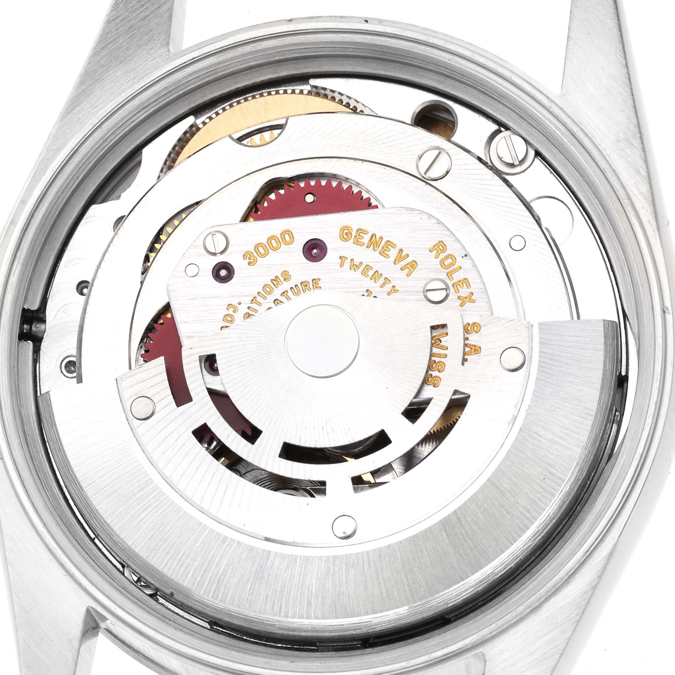 The image shows the movement of a Rolex Air-King 14000 Men's Stainless Steel White Dial 14000 Men's Stainless Steel White Dial watch from the back, highlighting the rotor and internal gears.