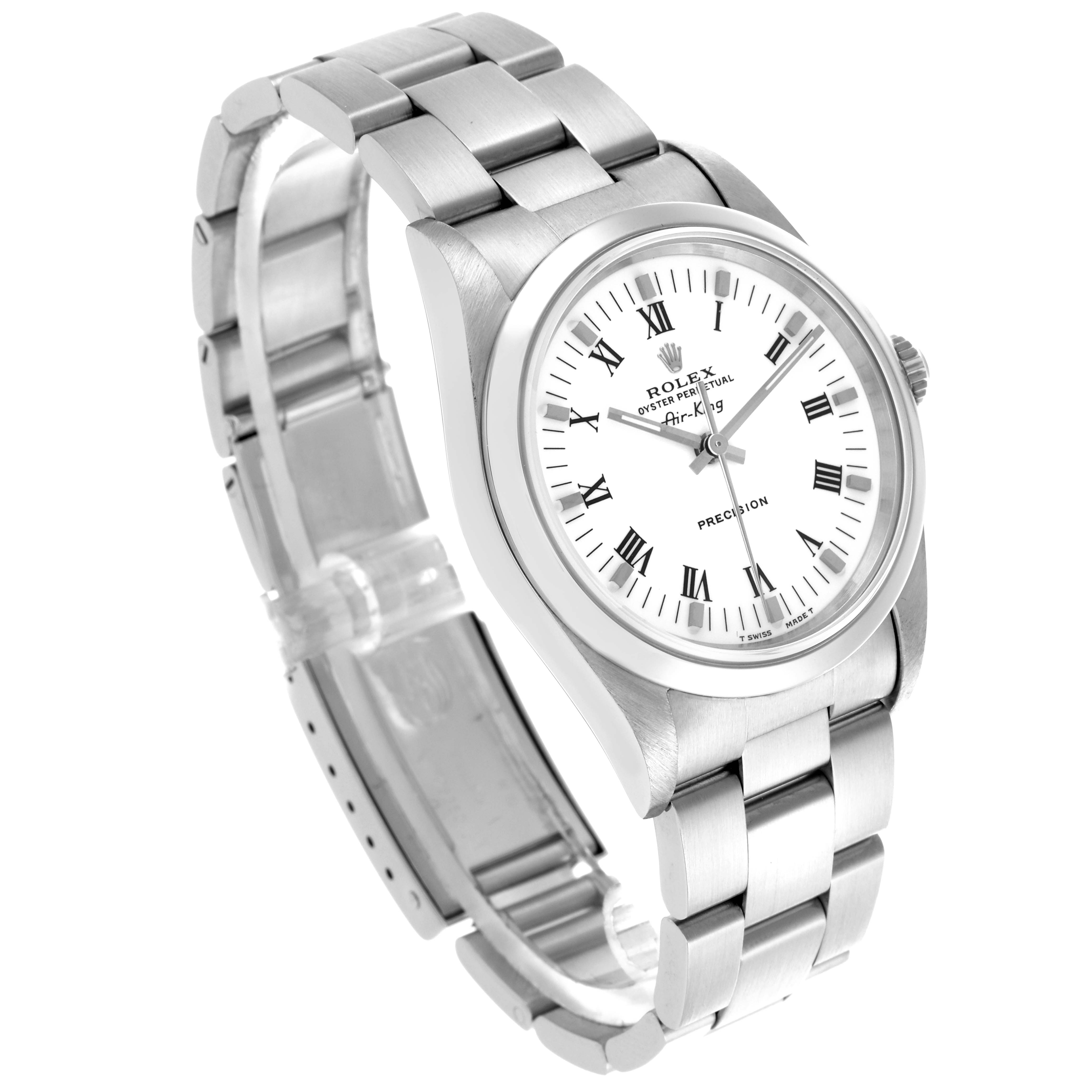 The Rolex Air-King 14000 Men's Stainless Steel White Dial 14000 Men's Stainless Steel White Dial watch is shown at a three-quarter angle, displaying its face, bracelet, and side view.