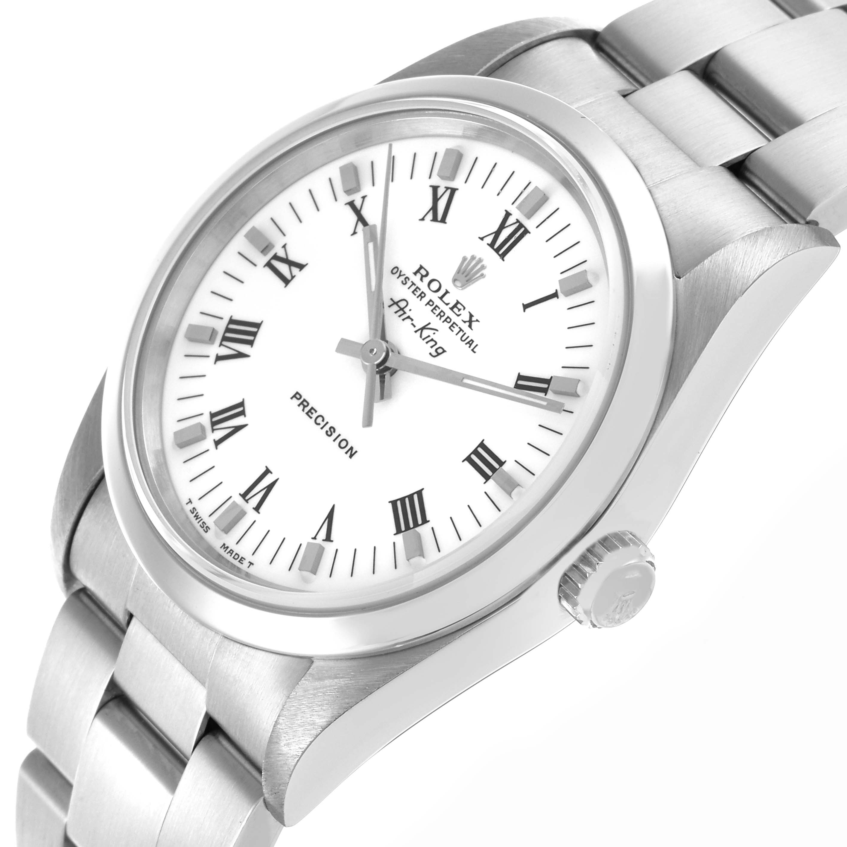 The Rolex Air-King 14000 Men's Stainless Steel White Dial 14000 Men's Stainless Steel White Dial watch is shown at a slight angle highlighting the face, bezel, crown, and part of the bracelet.