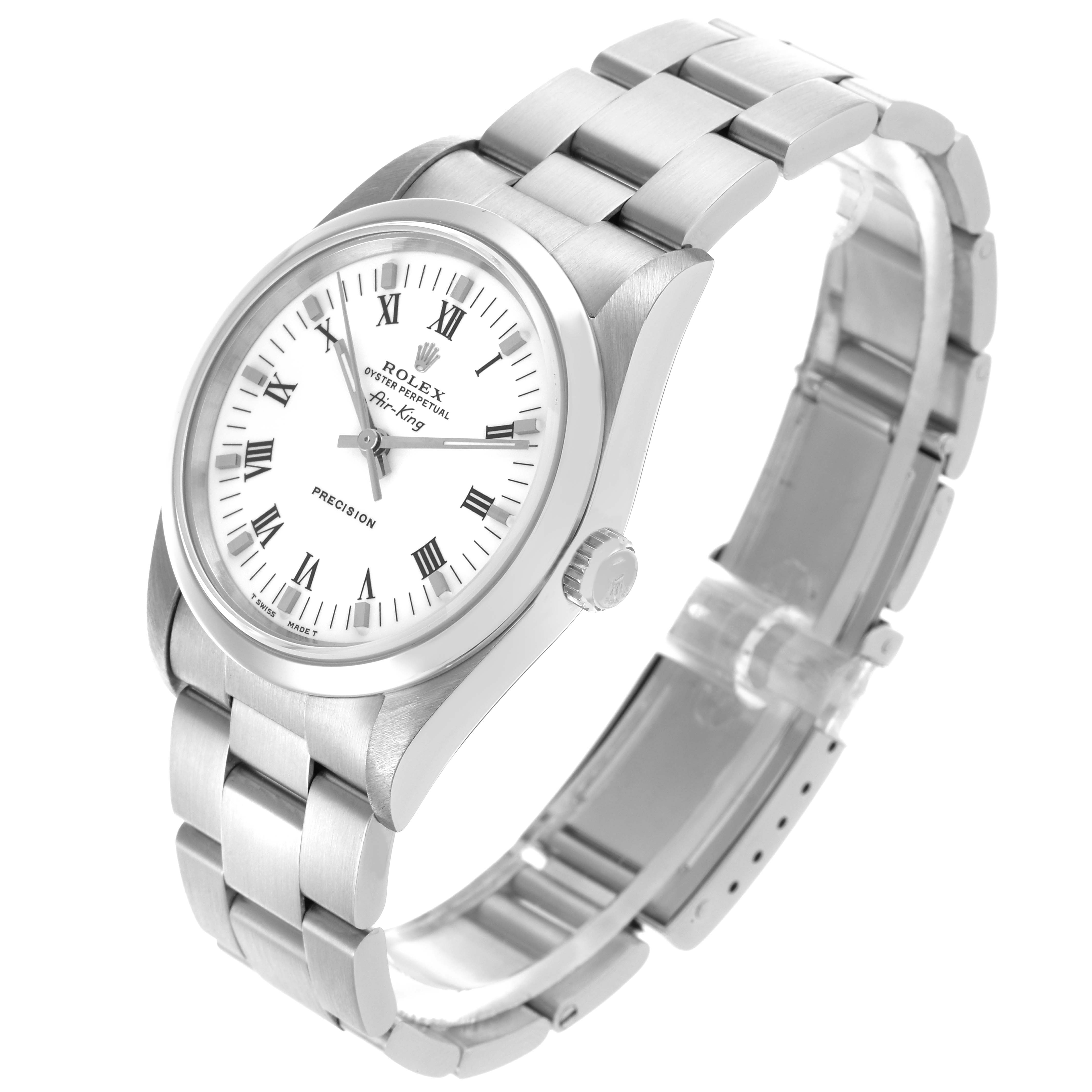 The Rolex Air-King 14000 Men's Stainless Steel White Dial 14000 Men's Stainless Steel White Dial watch is shown at a three-quarter angle, displaying the face, bezel, bracelet, and crown.