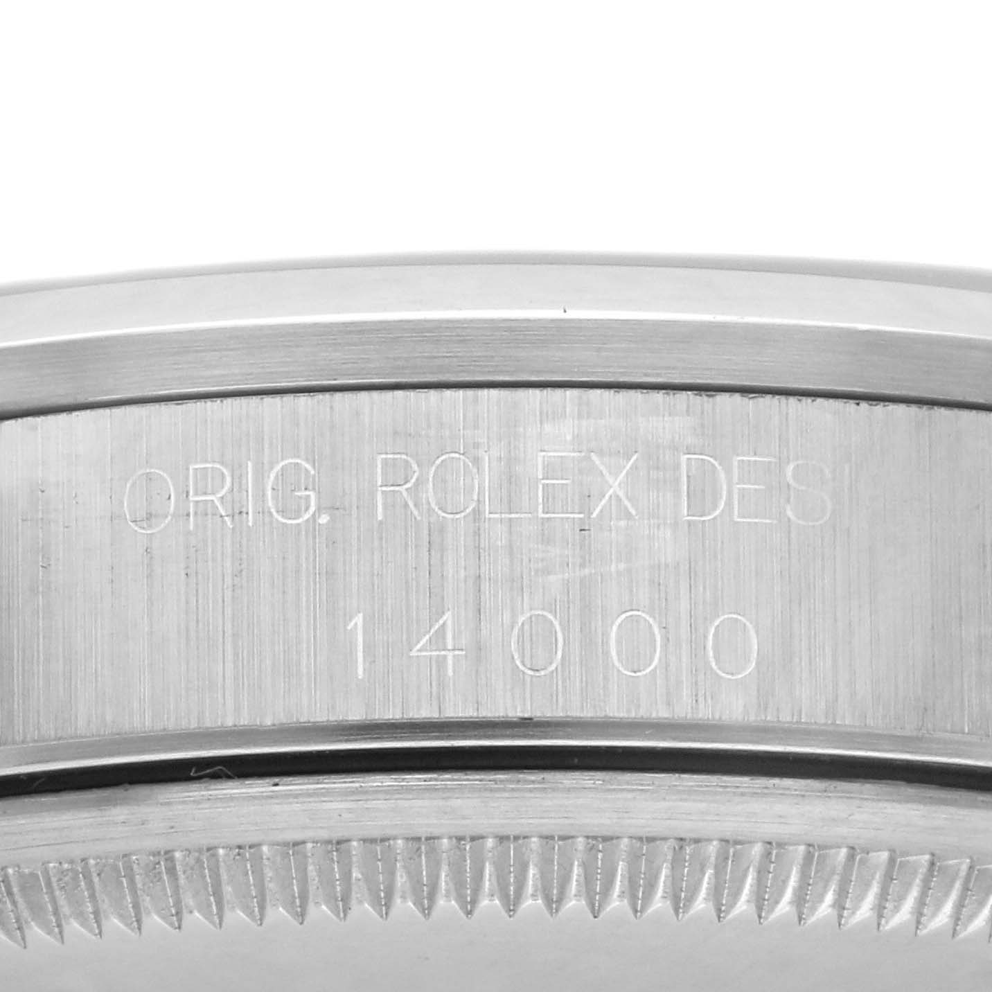 The image shows a close-up of the side engraving on a Rolex Air-King 14000 Men's Stainless Steel White Dial 14000 Men's Stainless Steel White Dial watch bezel with the model number 14000.