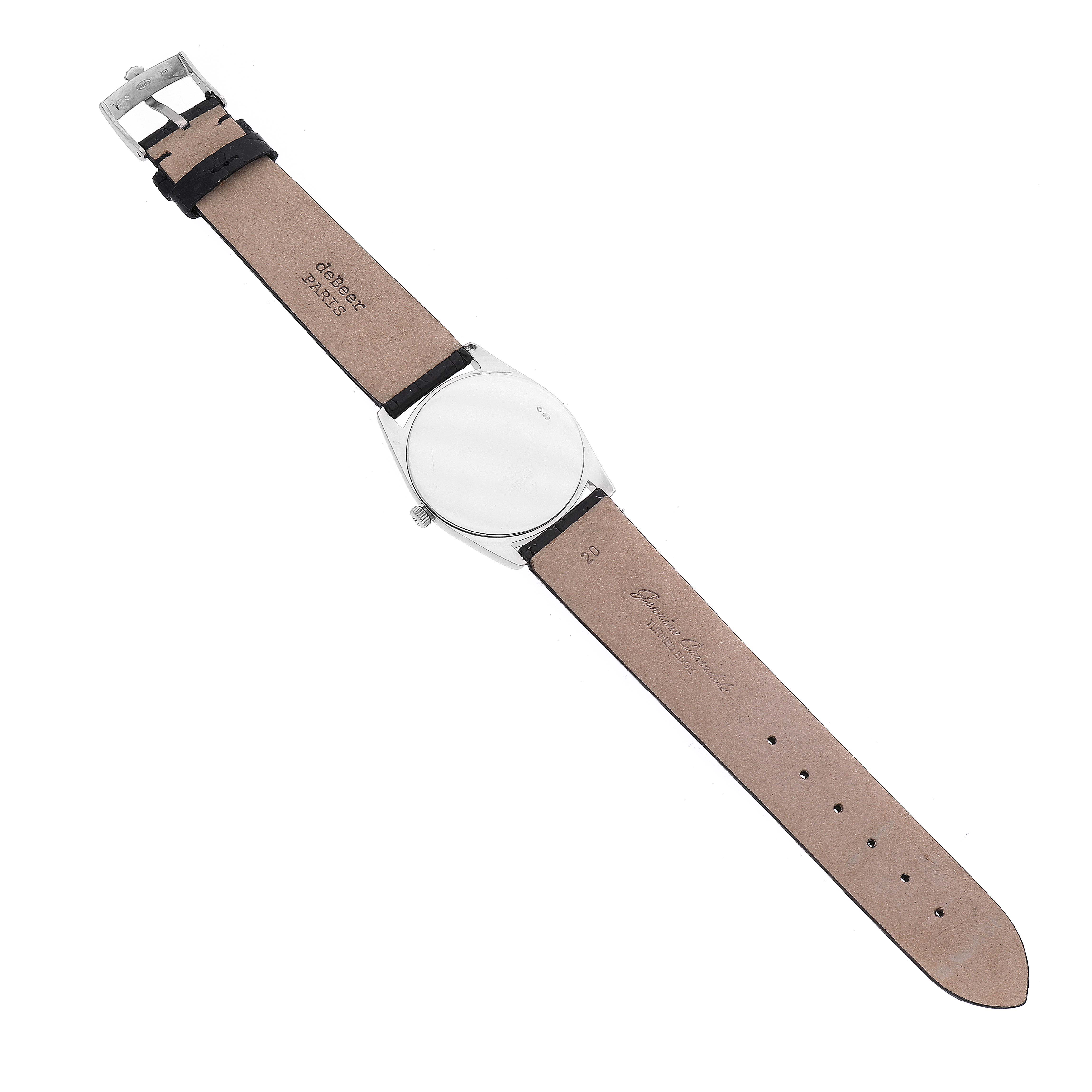 This image shows the back view of a Rolex Cellini 4233 Men's White Gold Black Dial 4233 Men's White Gold Black Dial watch, displaying the leather strap and buckle.