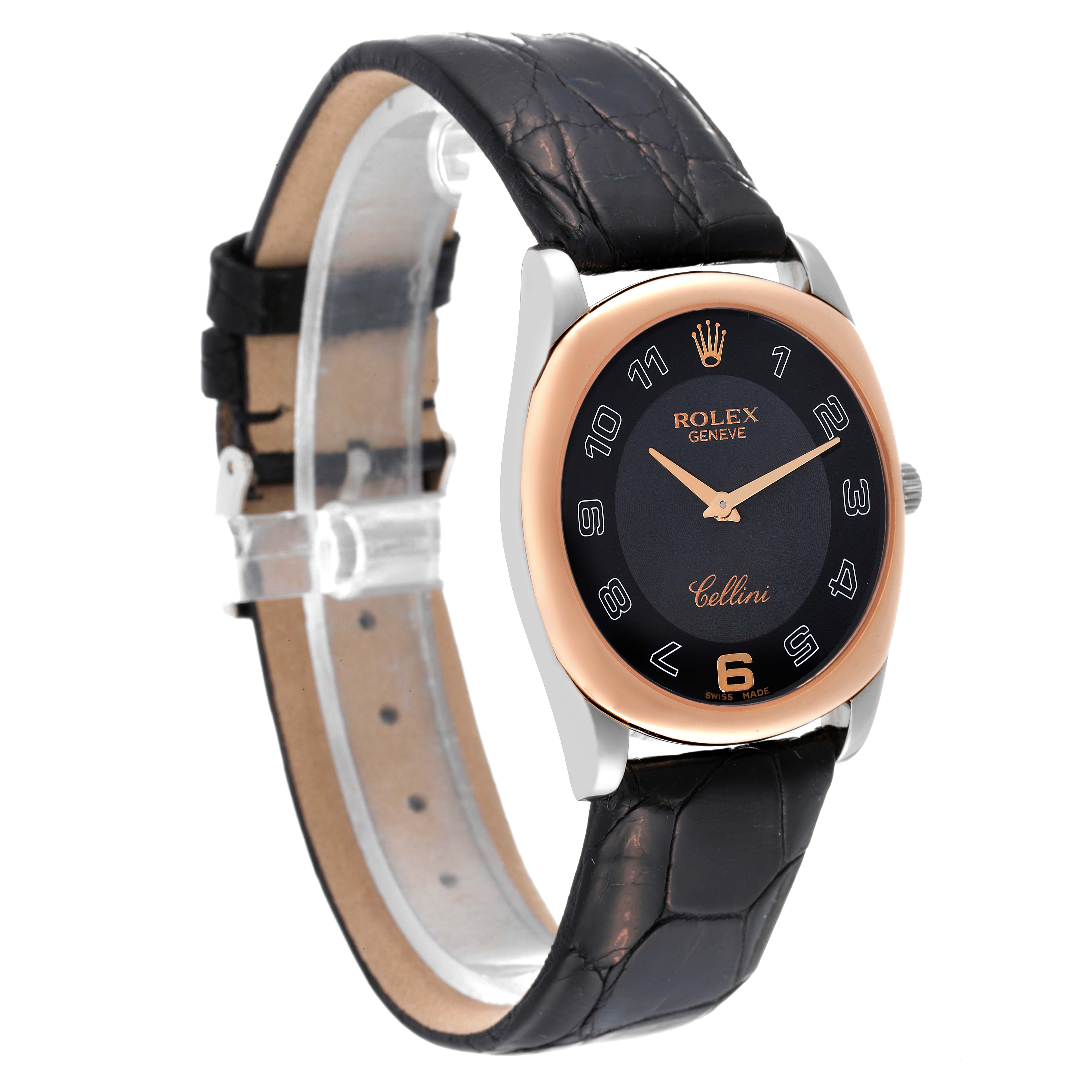 The image shows a Rolex Cellini 4233 Men's White Gold Black Dial 4233 Men's White Gold Black Dial watch viewed from an angled side perspective, displaying its dial, case, and strap.