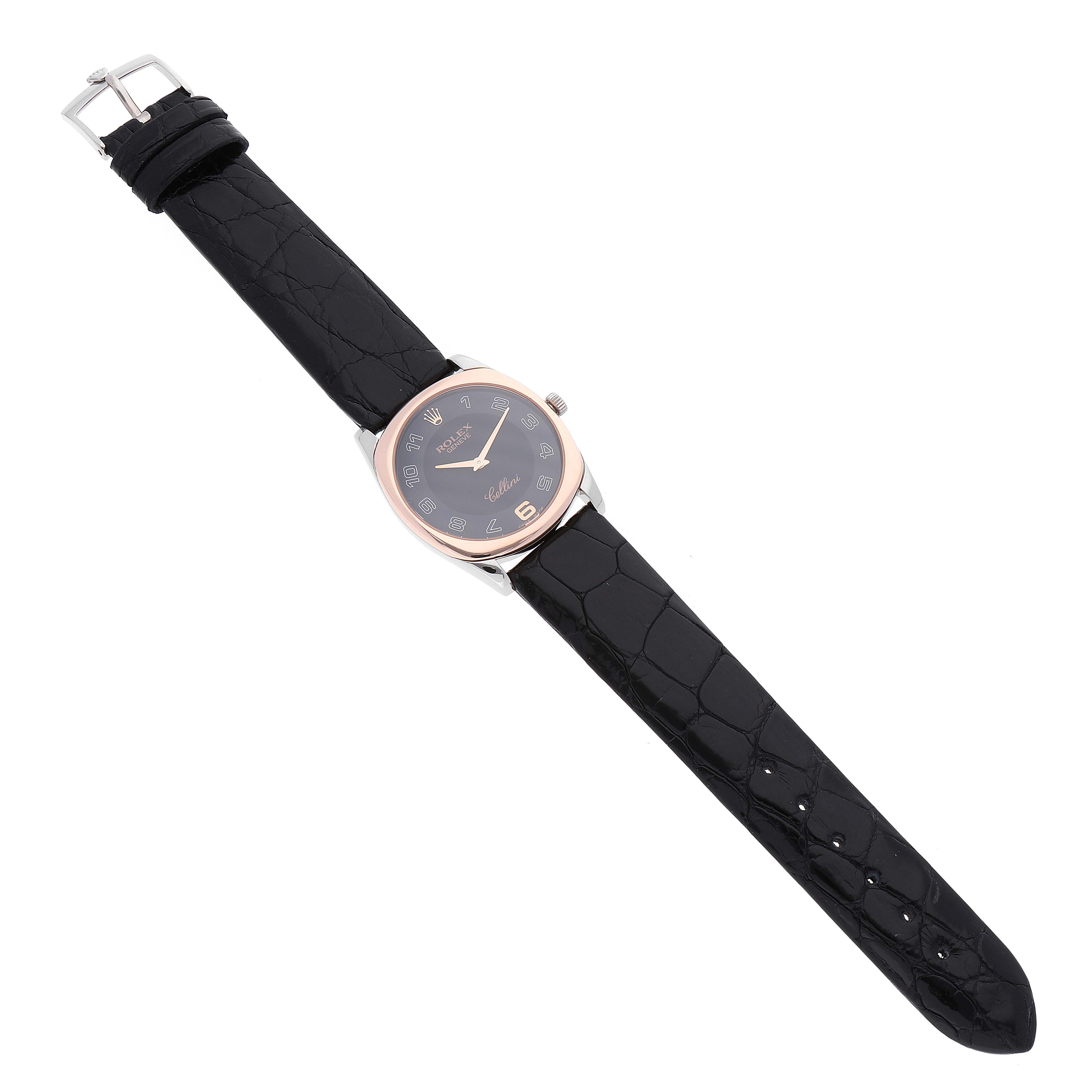 The Rolex Cellini 4233 Men's White Gold Black Dial 4233 Men's White Gold Black Dial watch is shown from a top-down angle, displaying the face, bezel, and full leather strap.