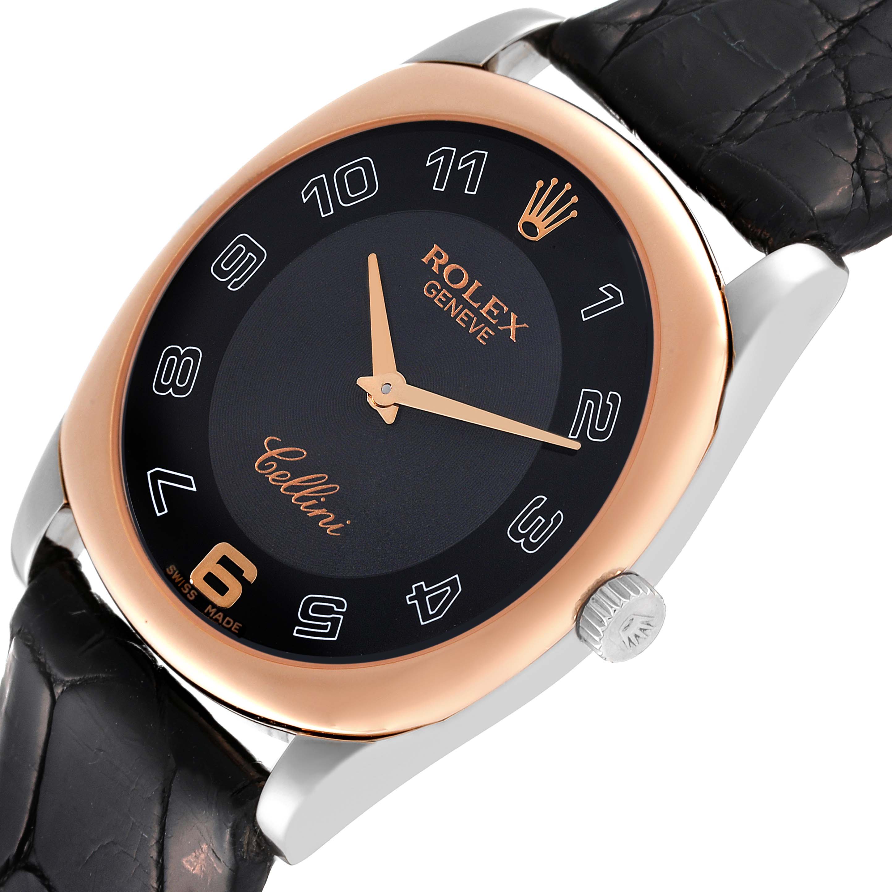 The image shows a Rolex Cellini 4233 Men's White Gold Black Dial 4233 Men's White Gold Black Dial watch at a slight angle, highlighting the black dial, rose gold bezel, and leather strap.
