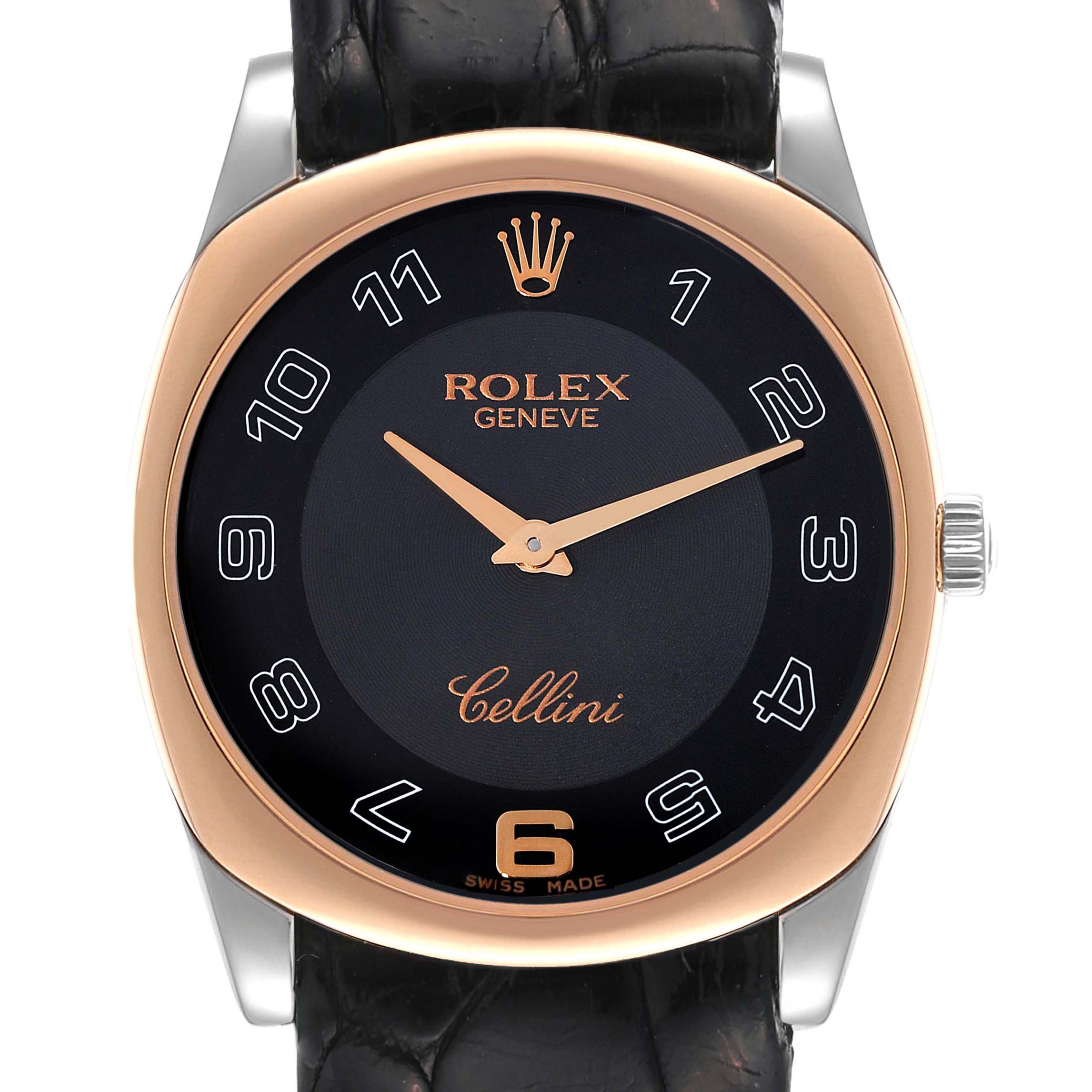 The image shows a front view of a Rolex Cellini 4233 Men's White Gold Black Dial 4233 Men's White Gold Black Dial watch featuring a black dial, gold hands, and a leather strap.