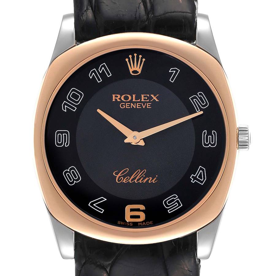 Rolex Cellini Danaos White and Rose Gold Black Strap Mens Watch 4233 SwissWatchExpo