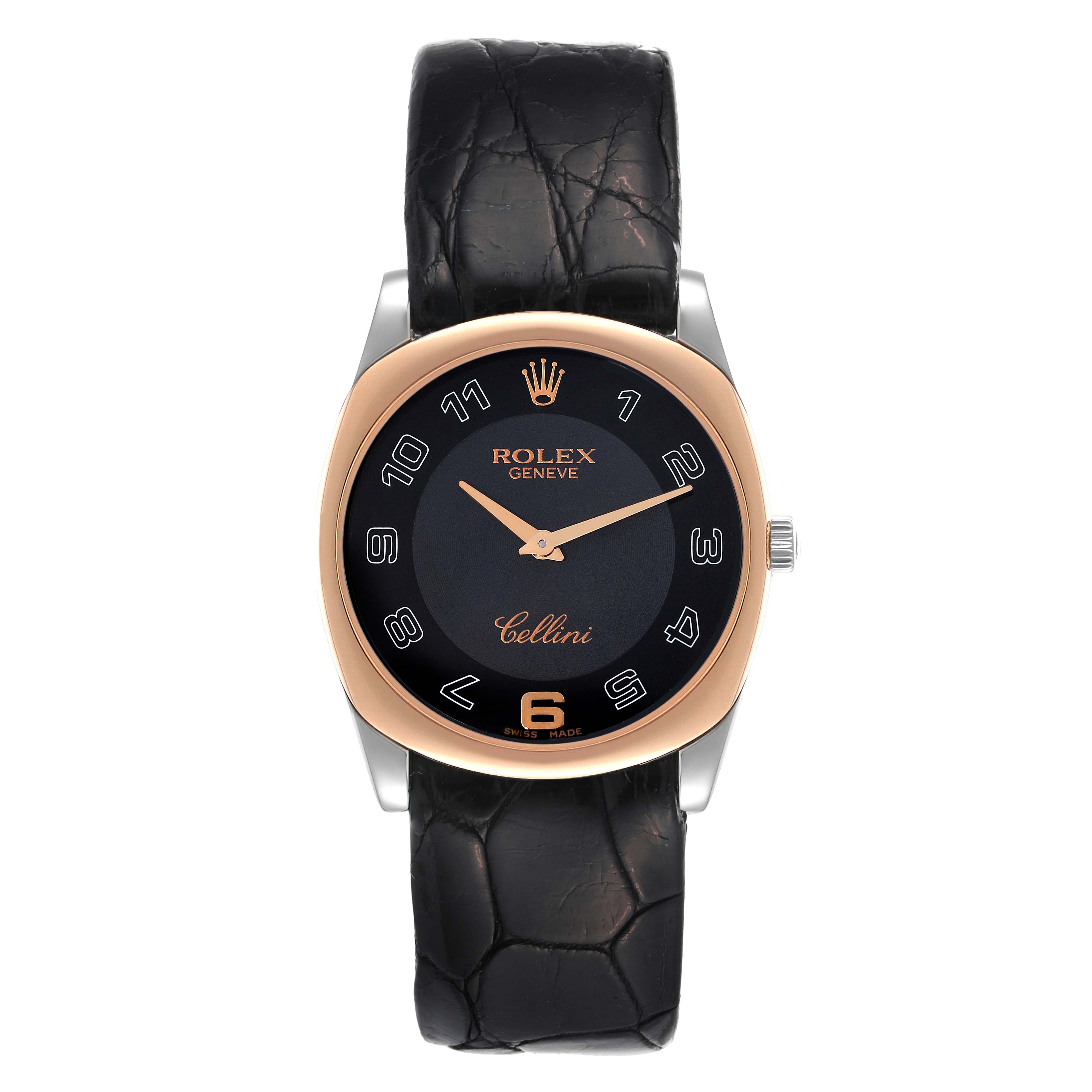 The image shows a front view of a Rolex Cellini 4233 Men's White Gold Black Dial 4233 Men's White Gold Black Dial watch with a black leather strap and a round black dial.