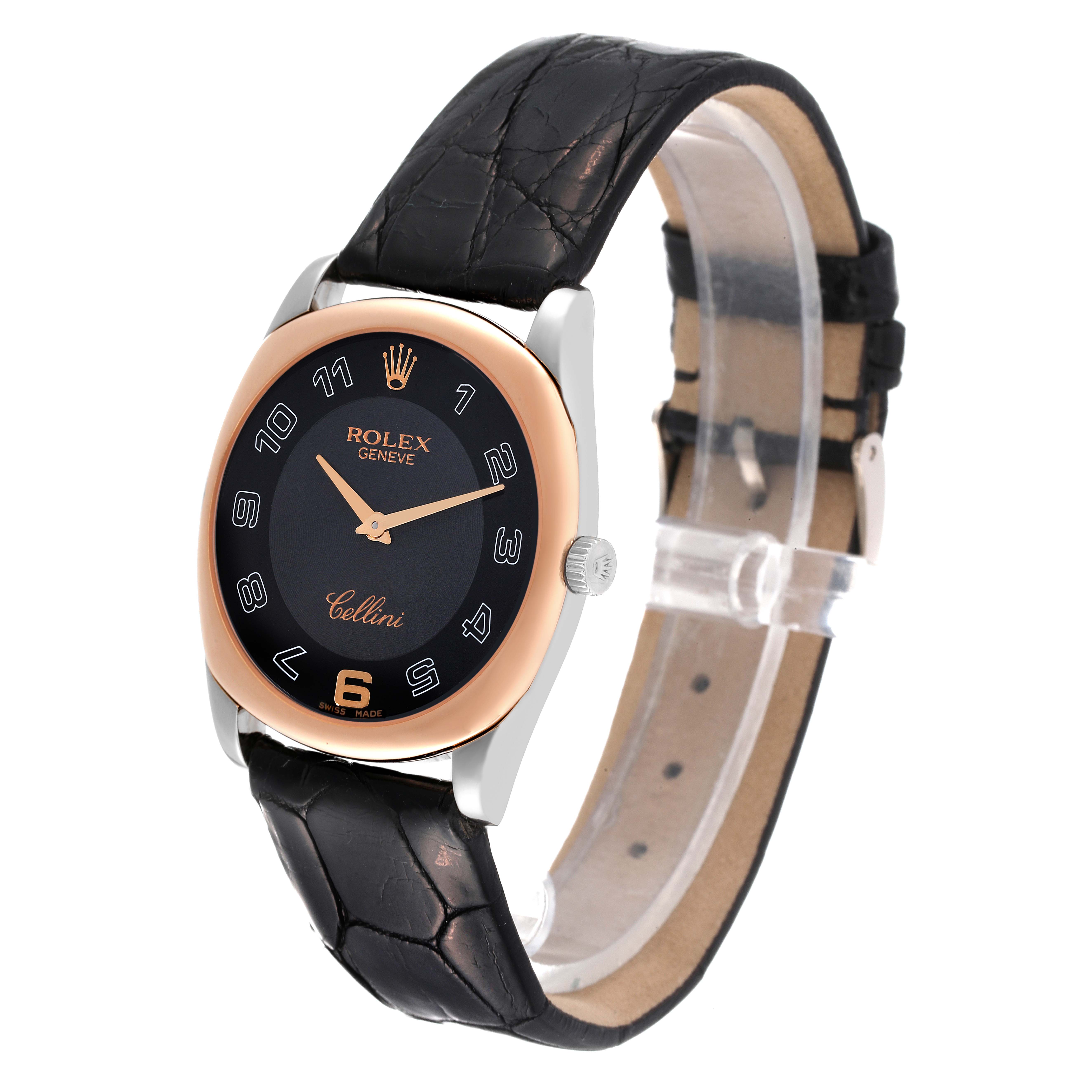 The Rolex Cellini 4233 Men's White Gold Black Dial 4233 Men's White Gold Black Dial watch is shown at a slight angle, displaying the face, strap, side crown, and part of the buckle.