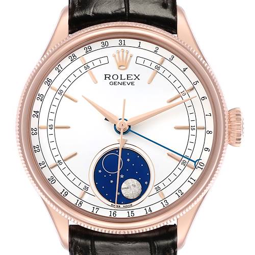 The Rolex Cellini 50535 Men's Rose Gold White Dial watch is shown from the front, highlighting its dial, moon phase indicator, and rose gold case.