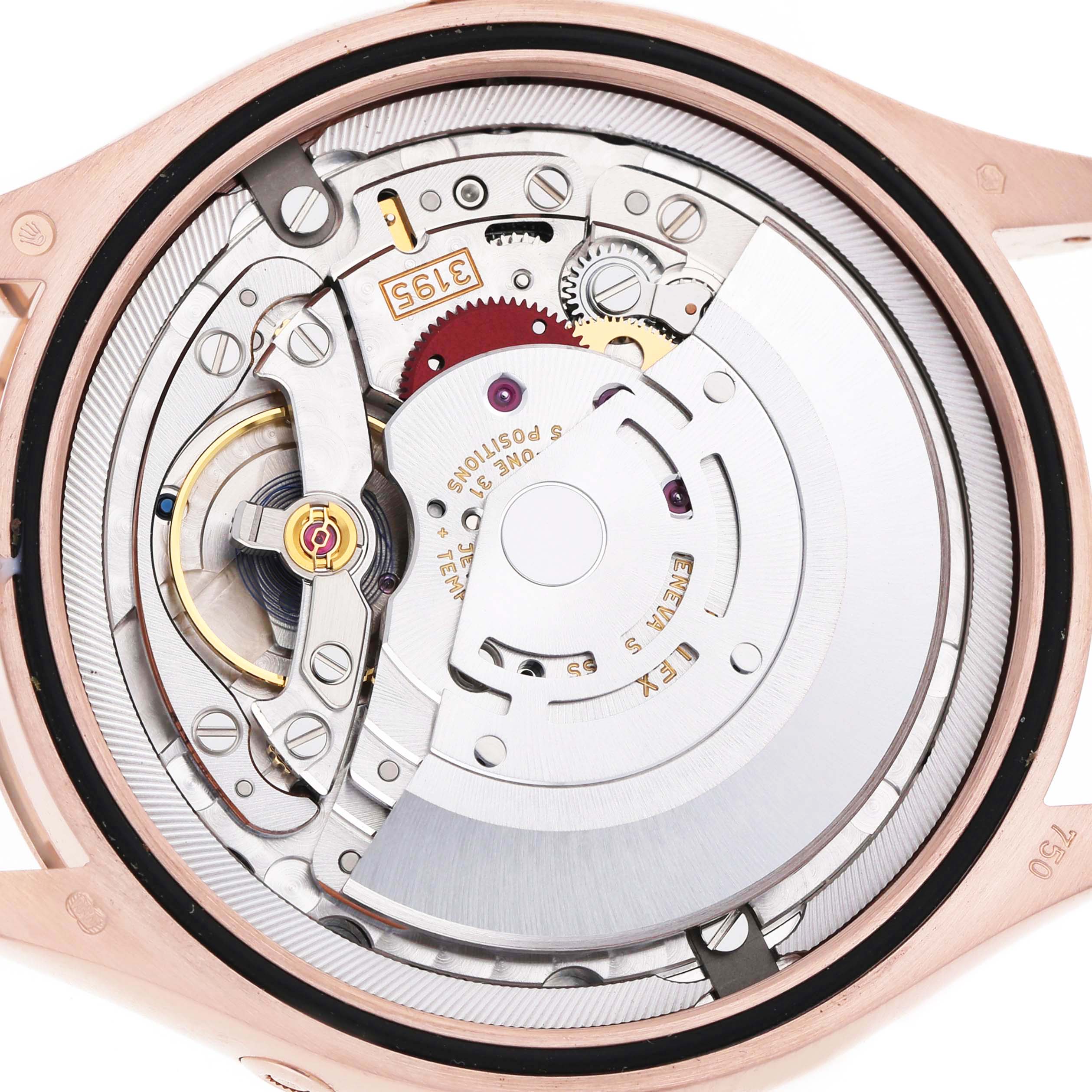 The image shows the movement of a Rolex Cellini 50535 Men's Rose Gold White Dial watch from the back, highlighting its intricate mechanical components.