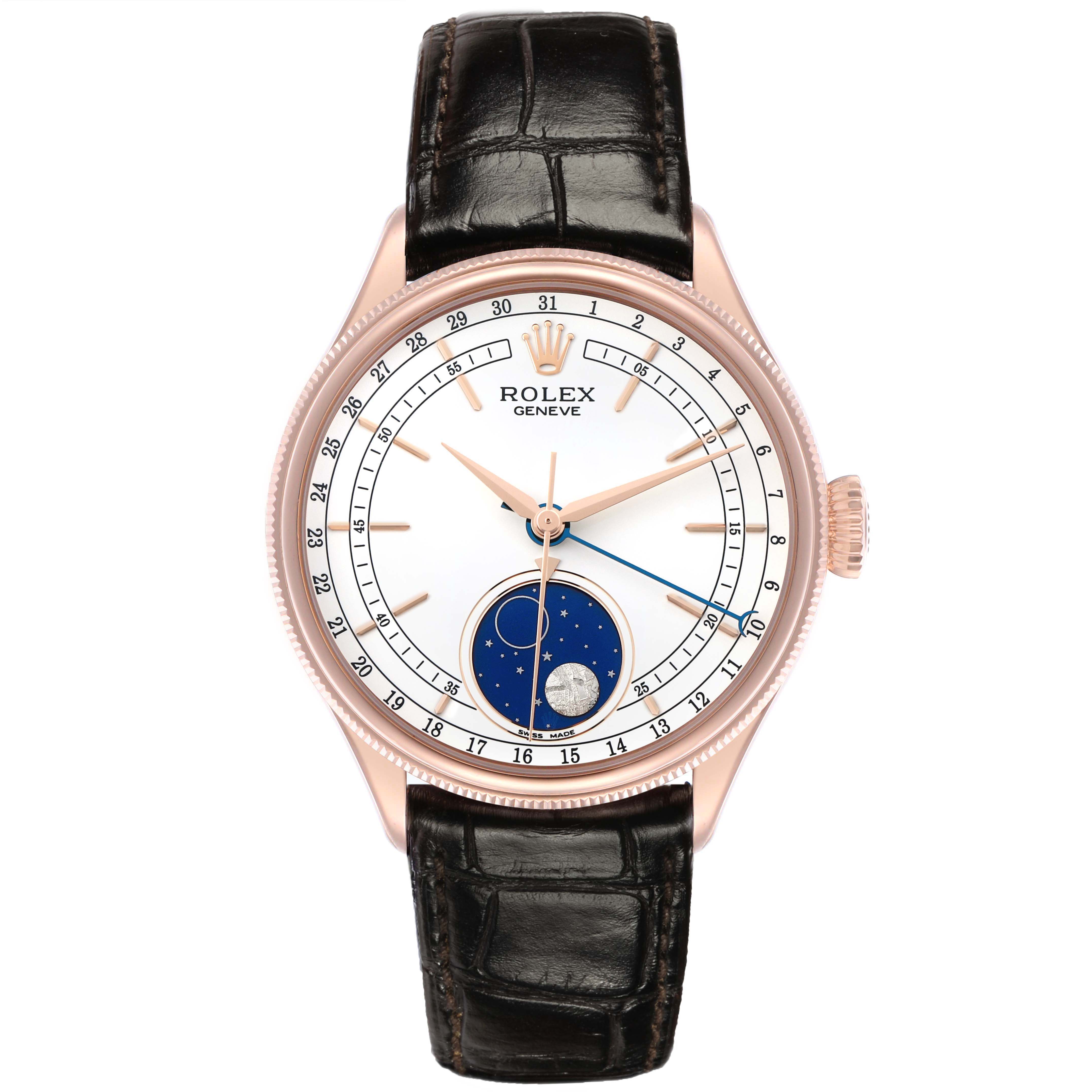 The Rolex Cellini 50535 Men's Rose Gold White Dial watch is shown from the front, displaying its face, moon phase indicator, and leather strap.