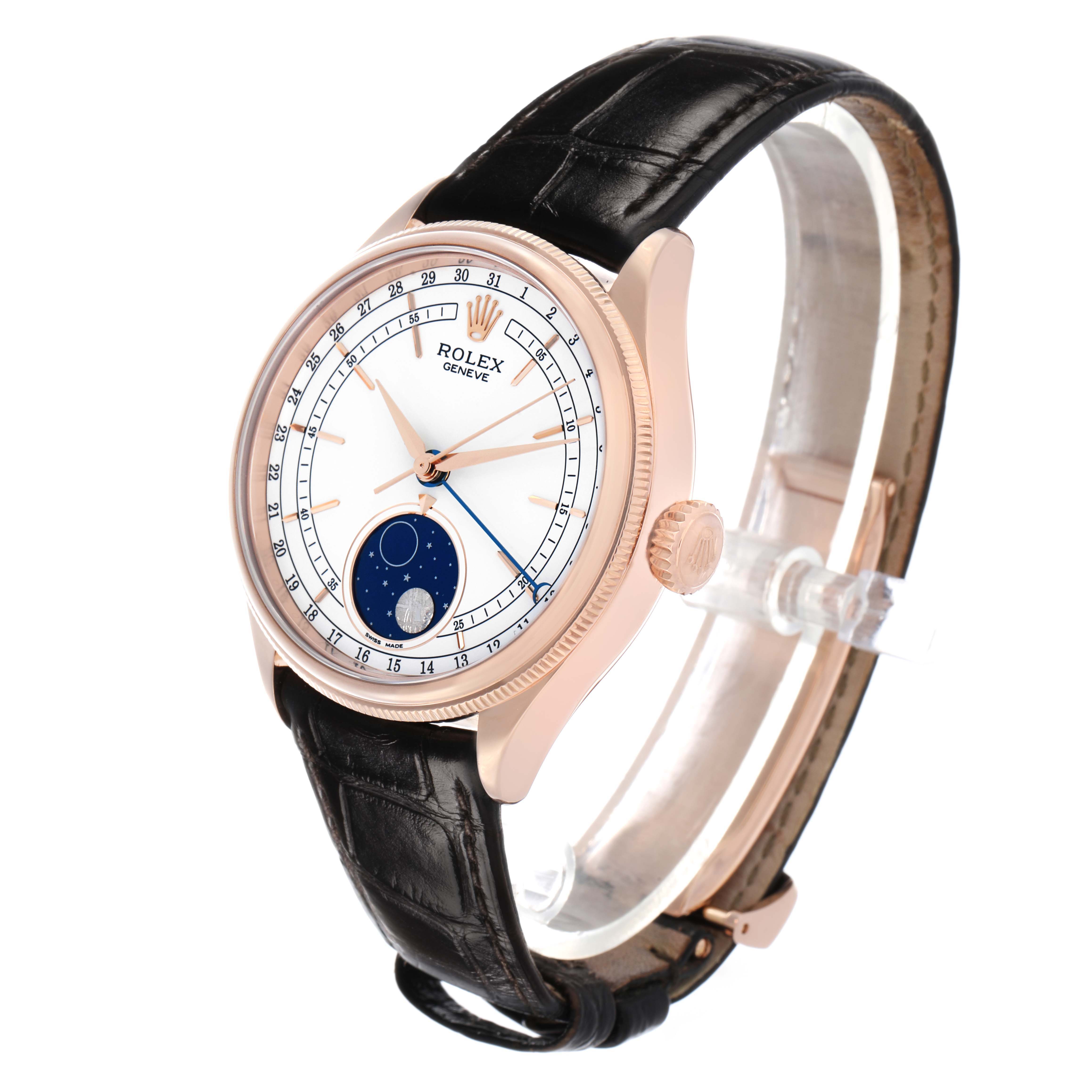 The Rolex Cellini 50535 Men's Rose Gold White Dial watch is shown at a three-quarter angle, displaying the dial, crown, and leather strap.