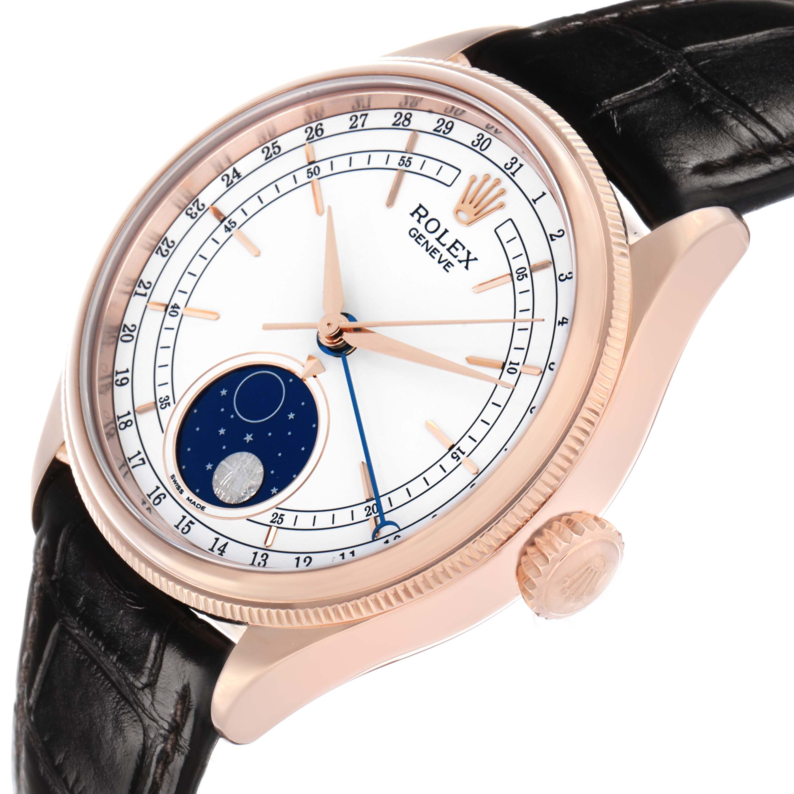 The Rolex Cellini 50535 Men's Rose Gold White Dial watch is shown at a slight angle, displaying the face, crown, black leather strap, and moon phase subdial.