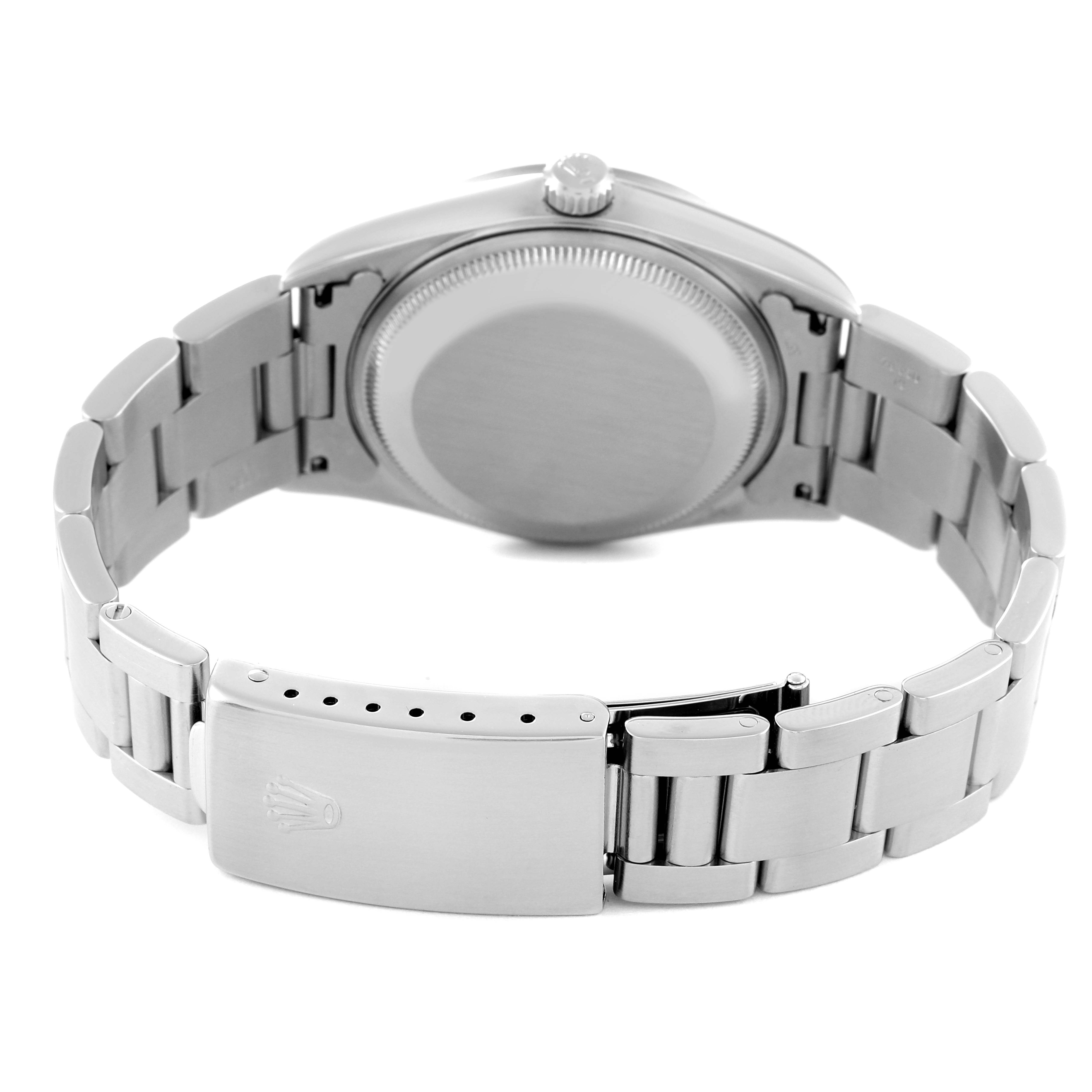 This image shows a rear view of a Rolex Date 15200 Men
s Stainless Steel Black Dial 15200 Men
s Stainless Steel Black Dial model watch, including the case back, crown, and bracelet clasp with logo.