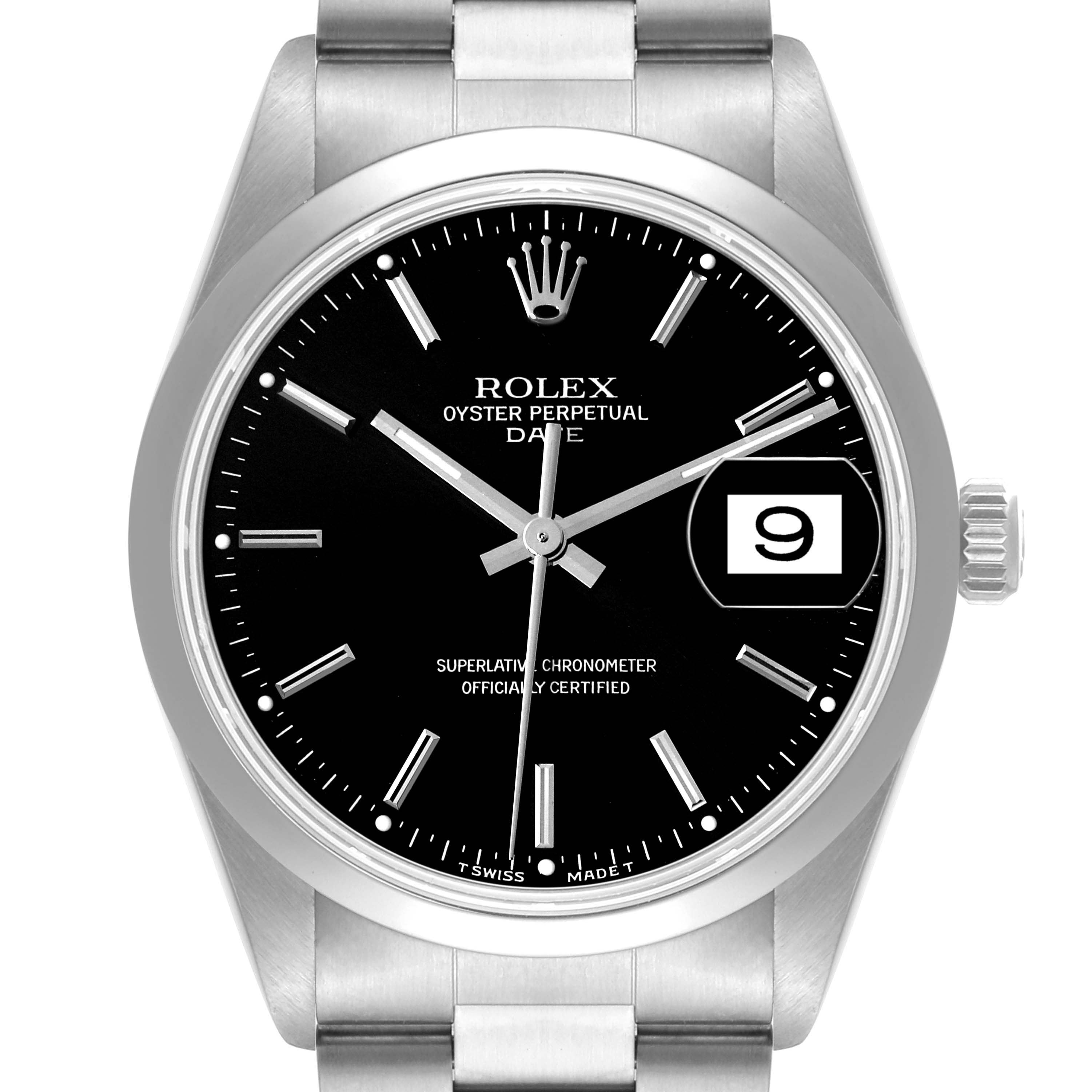 The image shows a front view of the Rolex Date 15200 Men
s Stainless Steel Black Dial 15200 Men
s Stainless Steel Black Dial model watch, featuring its black dial, date window, and stainless steel bracelet.
