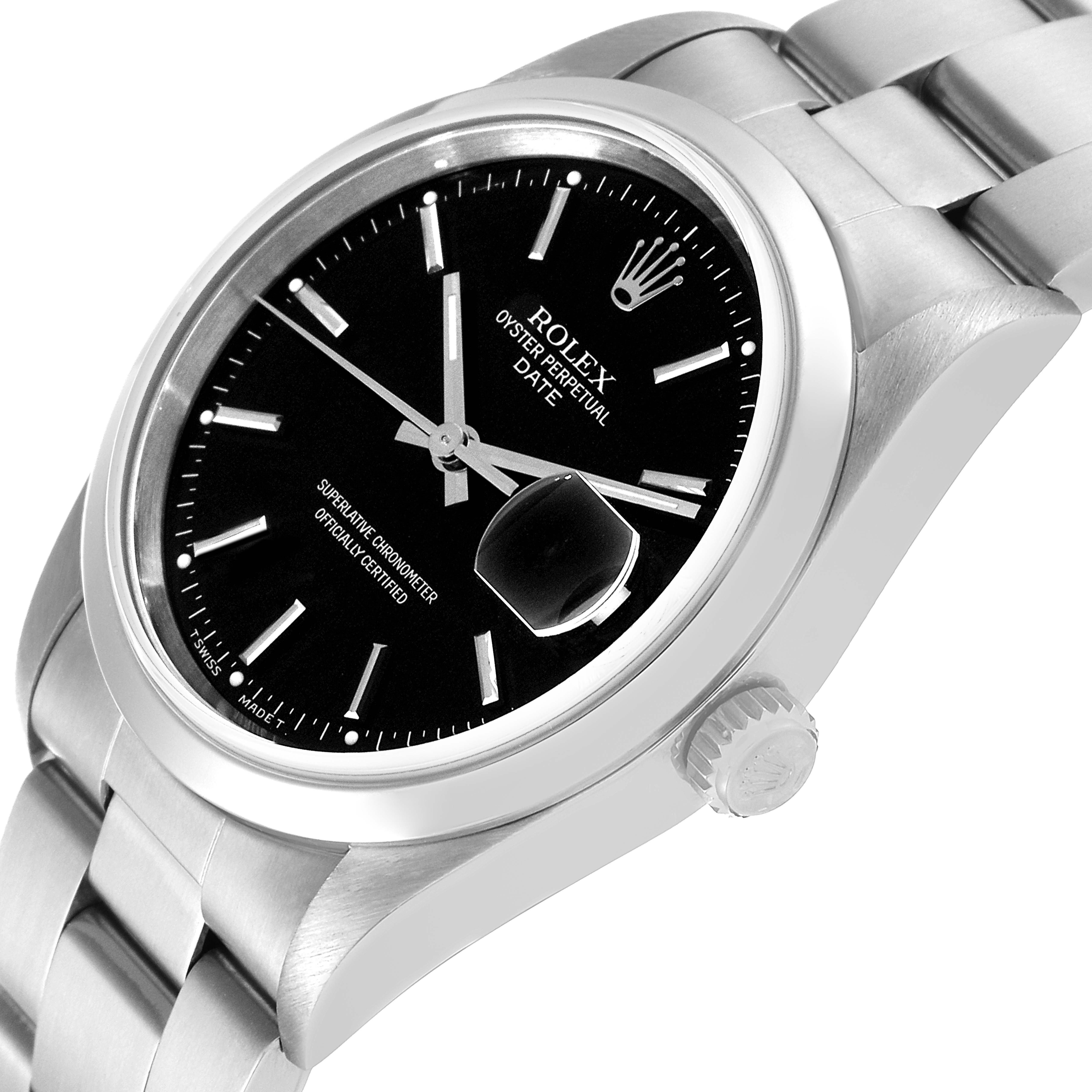 The image shows the face and side of a Rolex Oyster Perpetual Date, highlighting the watch dial, bezel, and bracelet.