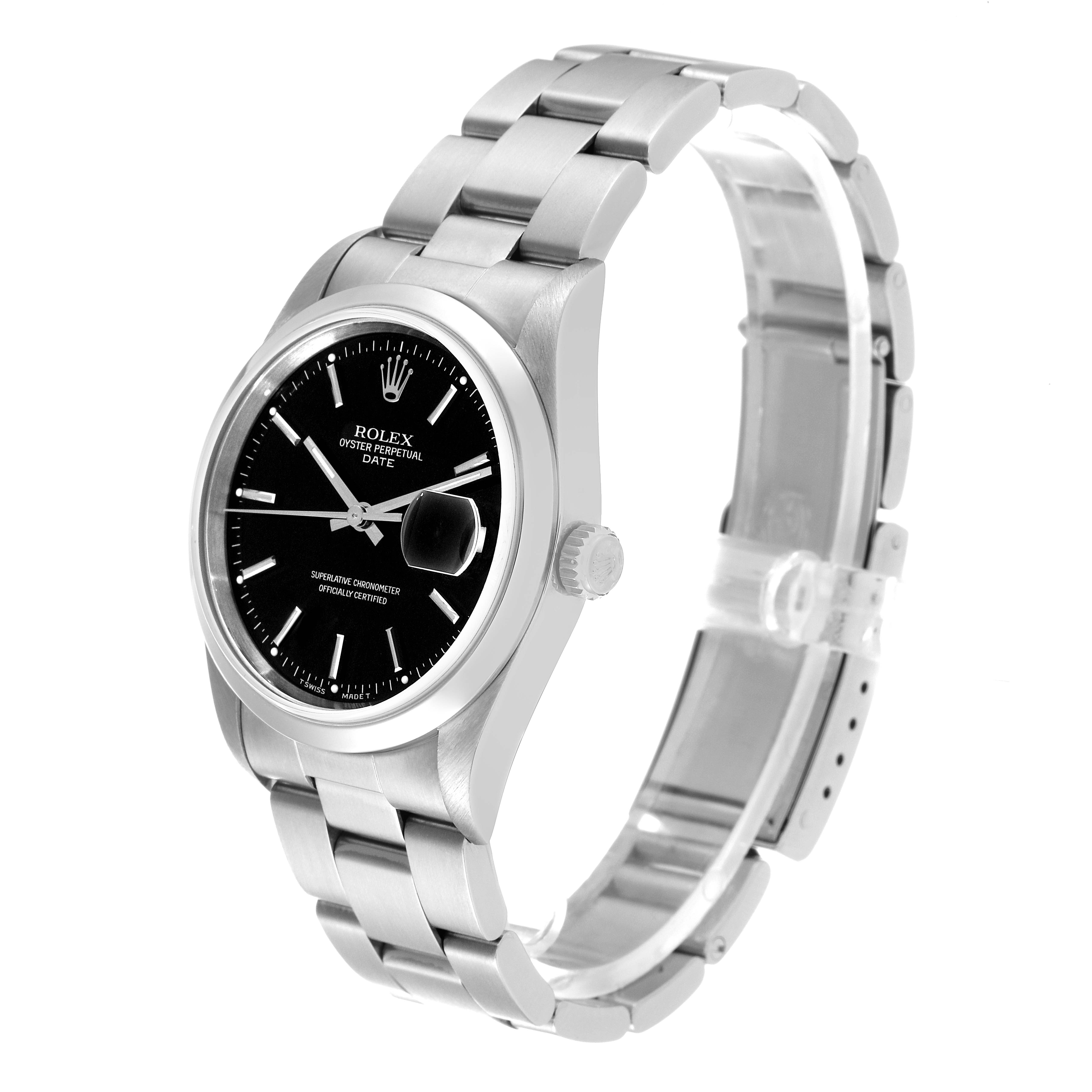 The image shows a Rolex Date 15200 Men
s Stainless Steel Black Dial 15200 Men
s Stainless Steel Black Dial model watch at a three-quarter angle, highlighting its face, case, crown, and stainless steel bracelet.