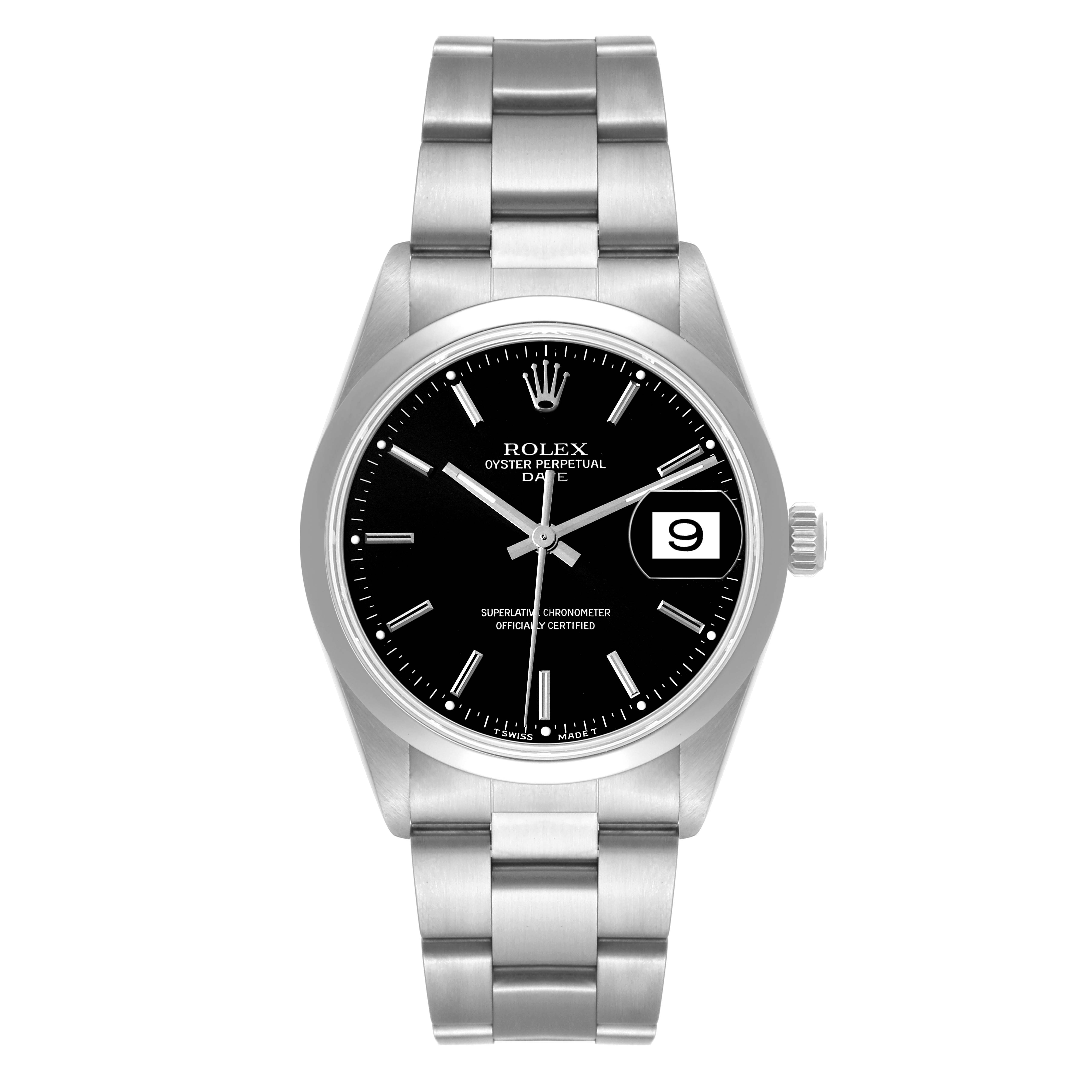 The image shows a front view of a Rolex Date 15200 Men
s Stainless Steel Black Dial 15200 Men
s Stainless Steel Black Dial model watch, highlighting the black dial, date window, and stainless steel bracelet.