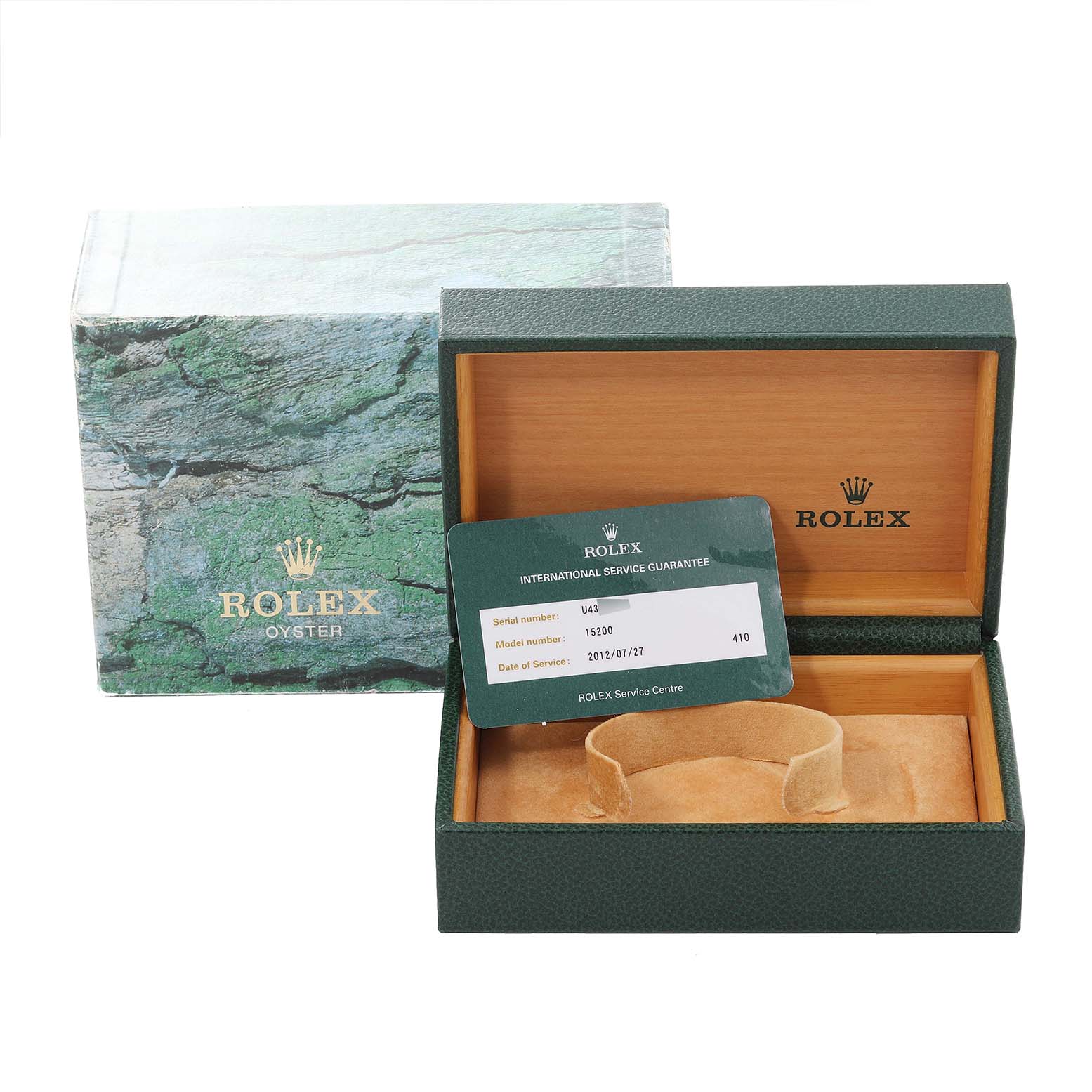 The image shows a Rolex Date 15200 Men
s Stainless Steel Black Dial 15200 Men
s Stainless Steel Black Dial model box and service guarantee card from a frontal angle.