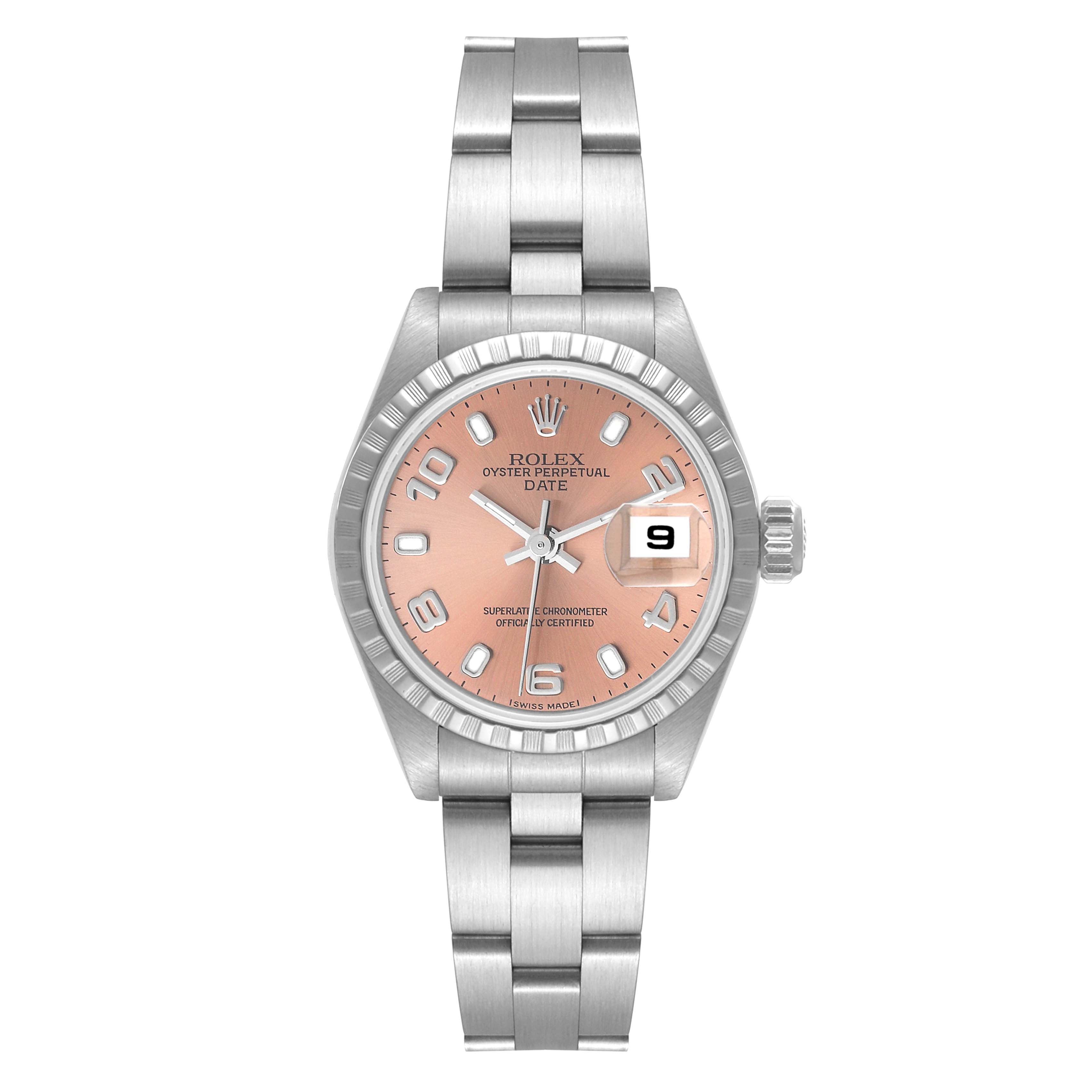 The image shows a front view of a Rolex Date 79240 Women's Stainless Steel Pink Dial 79240 Women's Stainless Steel Pink Dial model watch, featuring a pink dial, silver bracelet, and date window.
