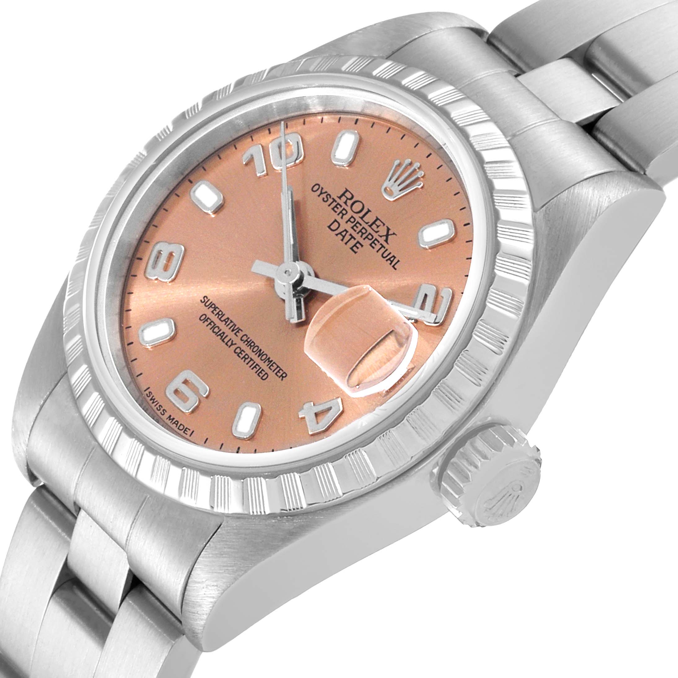 The image shows a close-up angled view of the Rolex Oyster Perpetual Date watch, highlighting the bezel, dial, and part of the bracelet.
