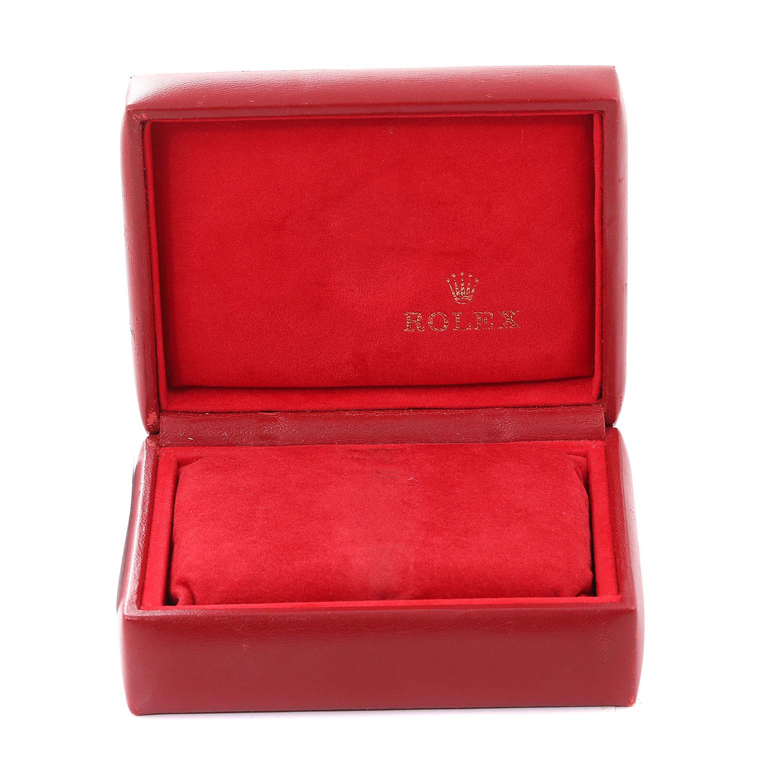 The image shows an open red Rolex Date 79240 Women's Stainless Steel Pink Dial 79240 Women's Stainless Steel Pink Dial model watch box.