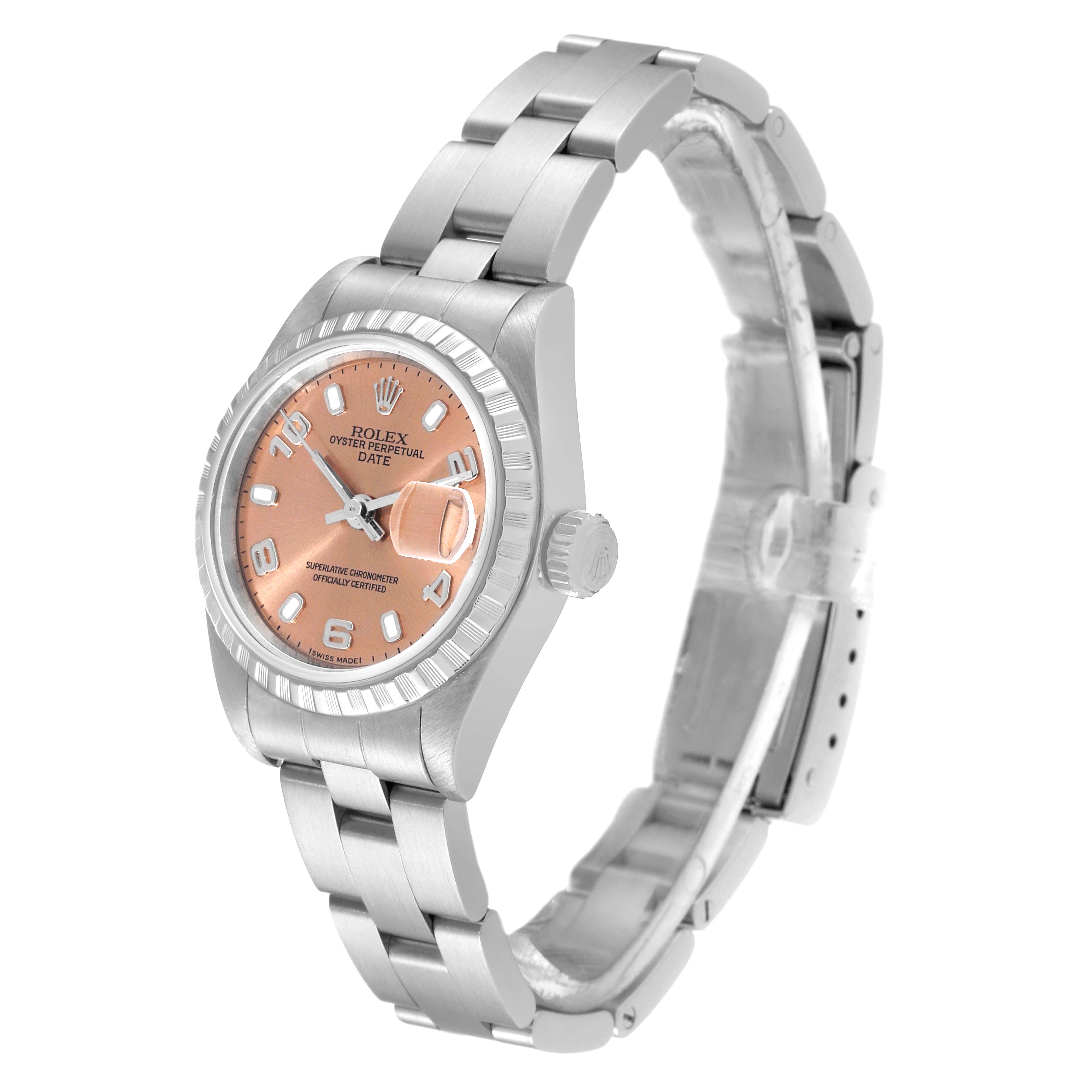 The Rolex Date 79240 Women's Stainless Steel Pink Dial 79240 Women's Stainless Steel Pink Dial model watch is shown at a side angle, featuring its bracelet, crown, and dial.