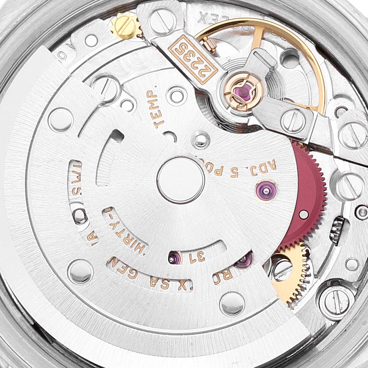 This close-up image shows the intricate inner mechanical components of the Rolex Date 79240 Women's Stainless Steel Pink Dial 79240 Women's Stainless Steel Pink Dial watch model.
