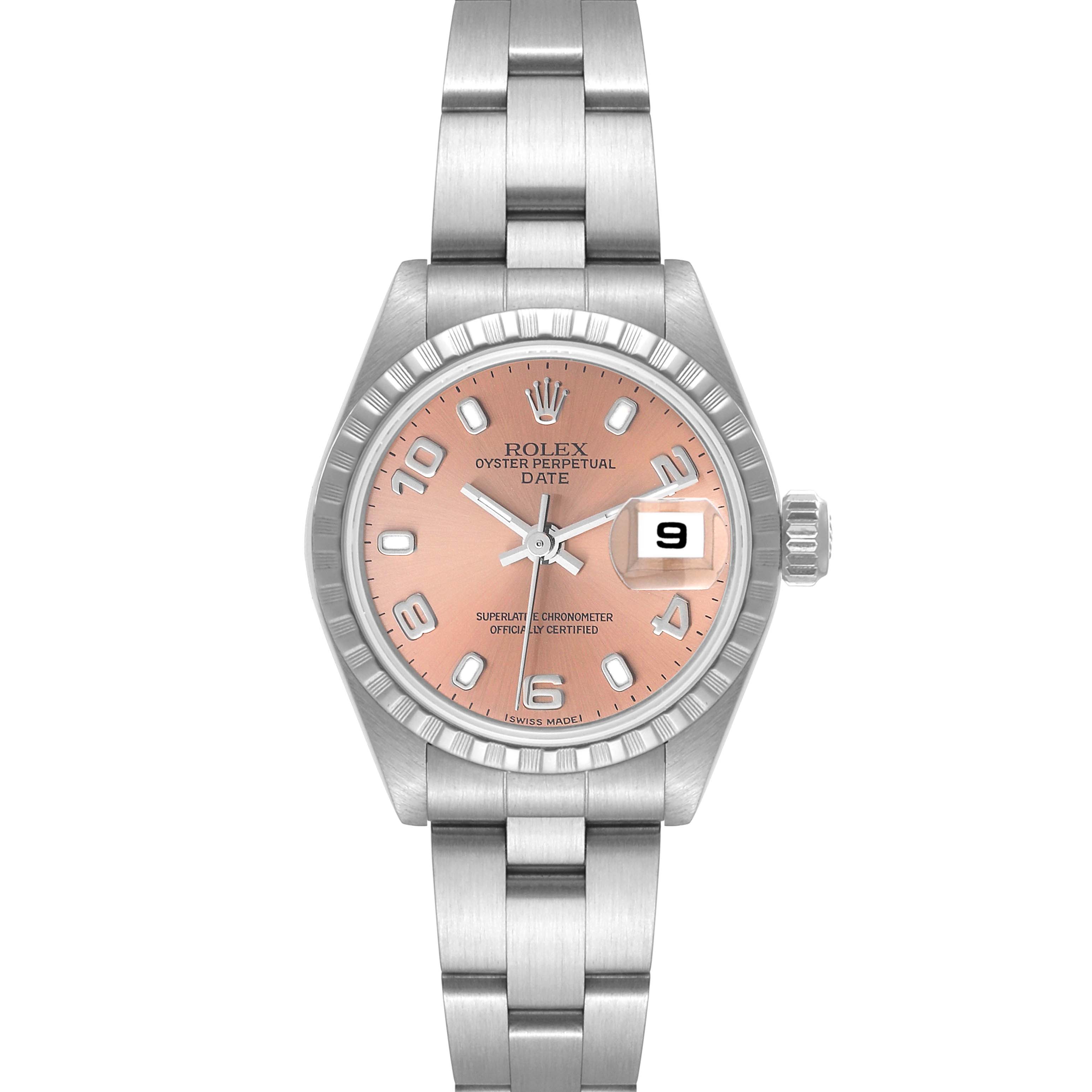 This image shows a front view of the Rolex Oyster Perpetual Date model with a salmon pink dial and stainless steel bracelet.