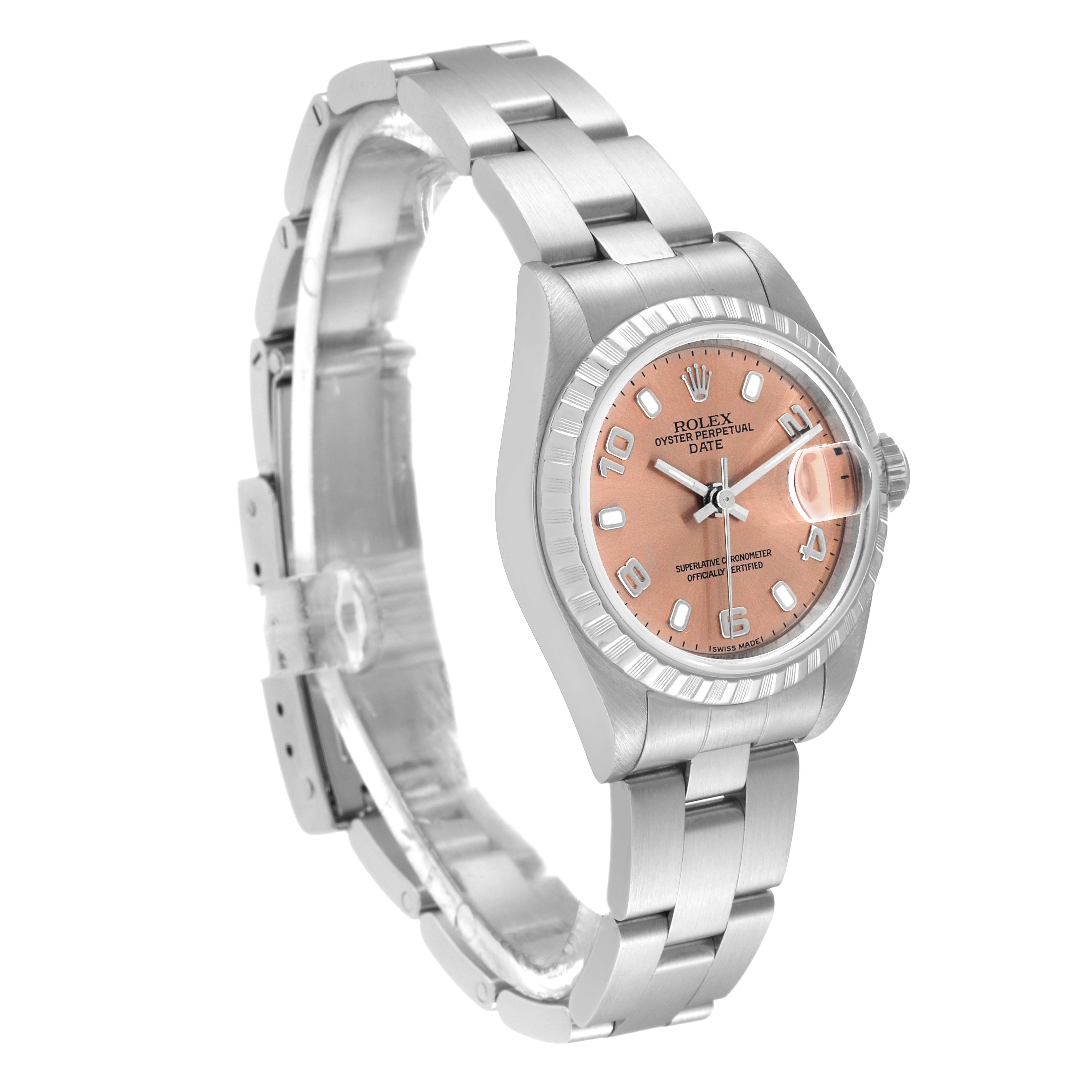 The image shows a Rolex Date 79240 Women's Stainless Steel Pink Dial 79240 Women's Stainless Steel Pink Dial model watch at a slight angle, highlighting the pink dial, bezel, case, and part of the bracelet.