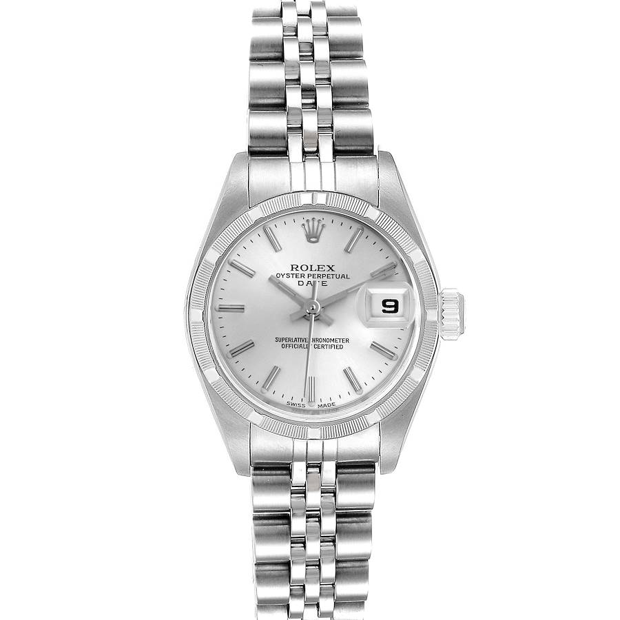 The Rolex Date model is shown from a front angle, displaying the dial, bezel, bracelet, and crown.