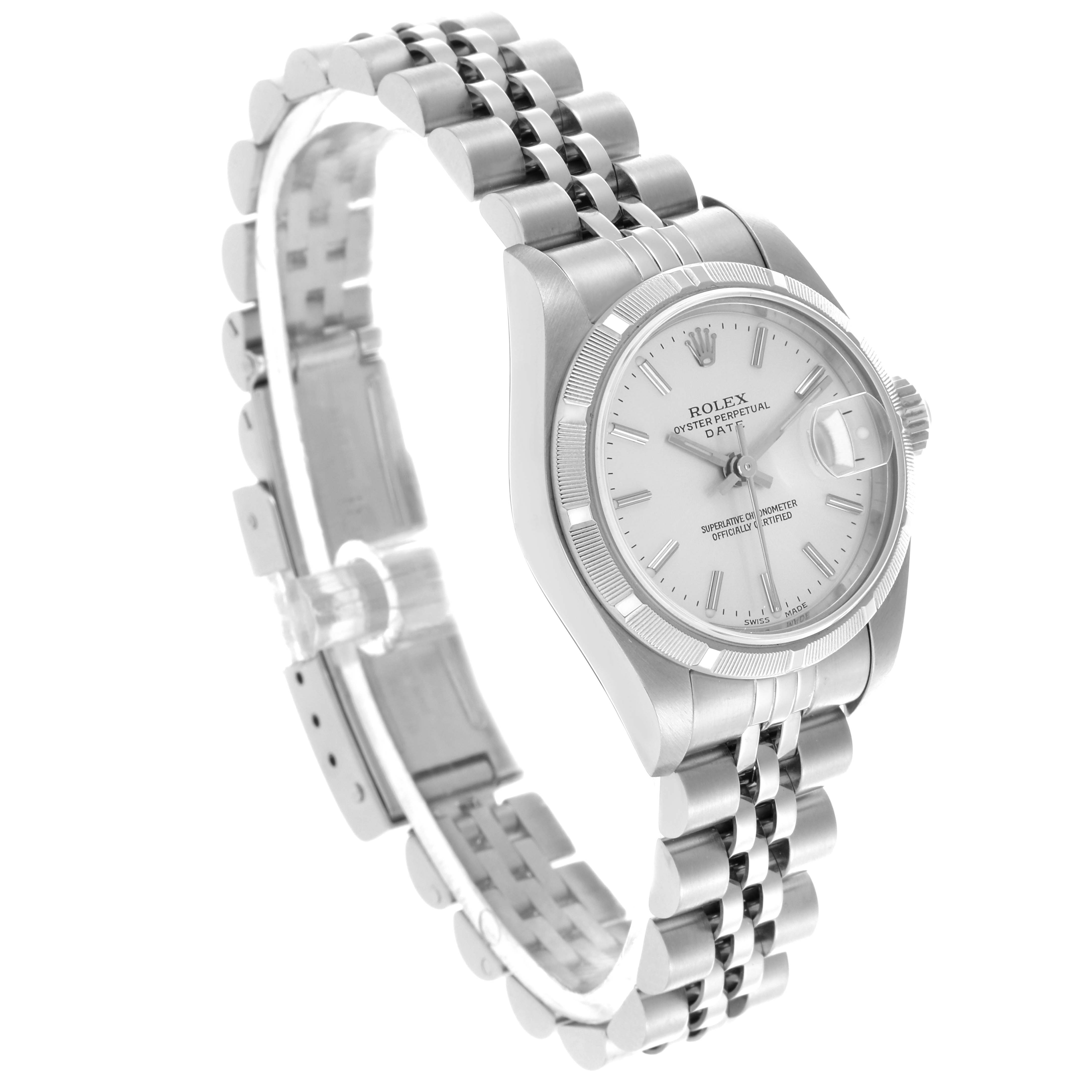 The Rolex Date 79190 Women
s Stainless Steel Silver Dial 79190 Women
s Stainless Steel Silver Dial watch is shown at a three-quarter angle, displaying the face, bezel, bracelet, and crown.