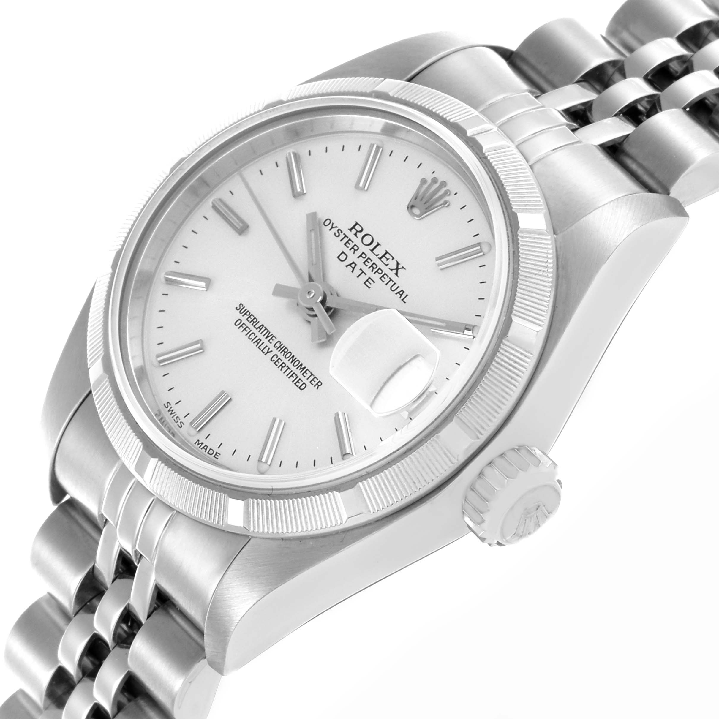 The Rolex Date 79190 Women
s Stainless Steel Silver Dial 79190 Women
s Stainless Steel Silver Dial watch is shown at a tilted angle, displaying the face, bezel, crown, and part of the bracelet.