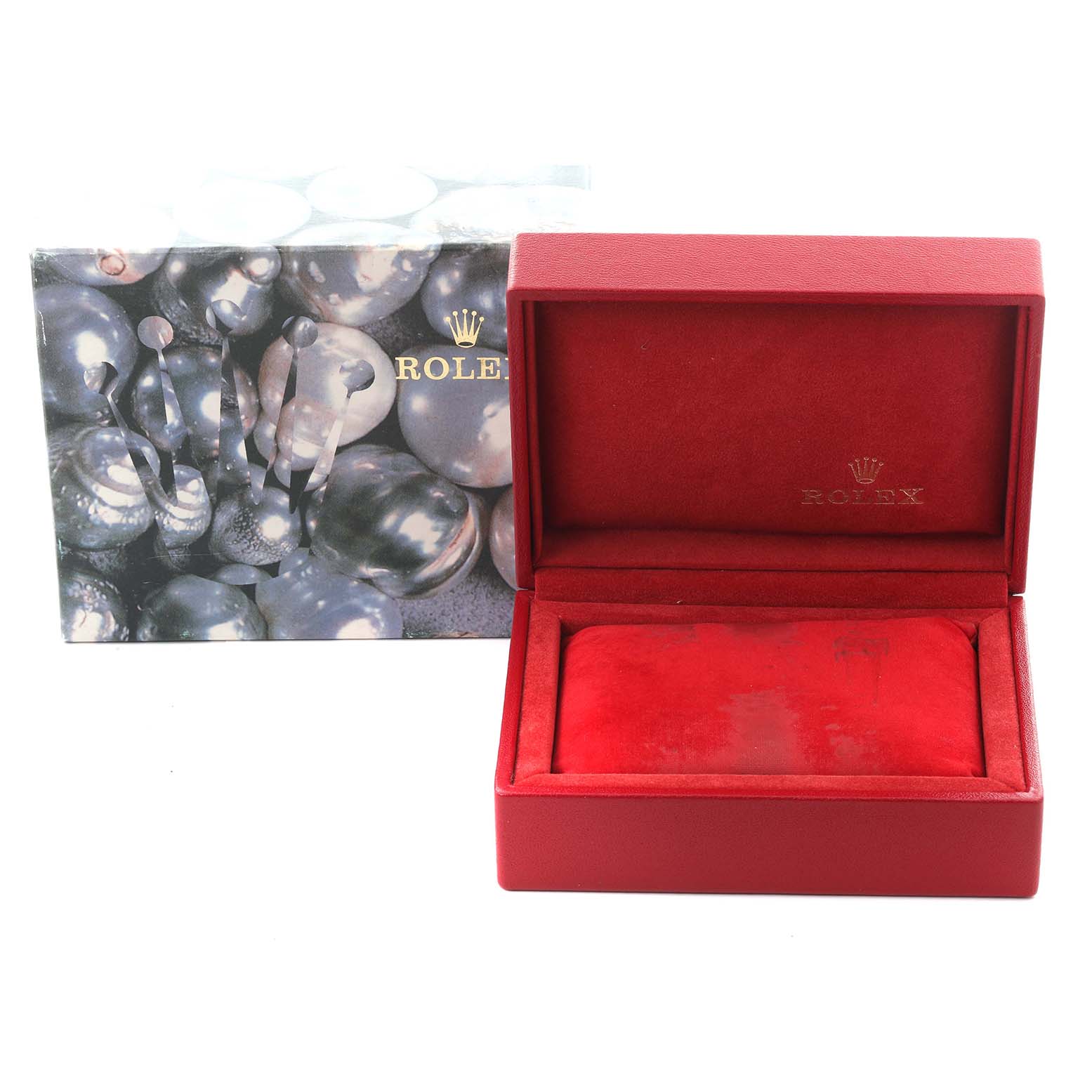 The image shows a red Rolex Date 79190 Women
s Stainless Steel Silver Dial 79190 Women
s Stainless Steel Silver Dial watch box, partially open, with an outer decorative box displaying the Rolex logo.
