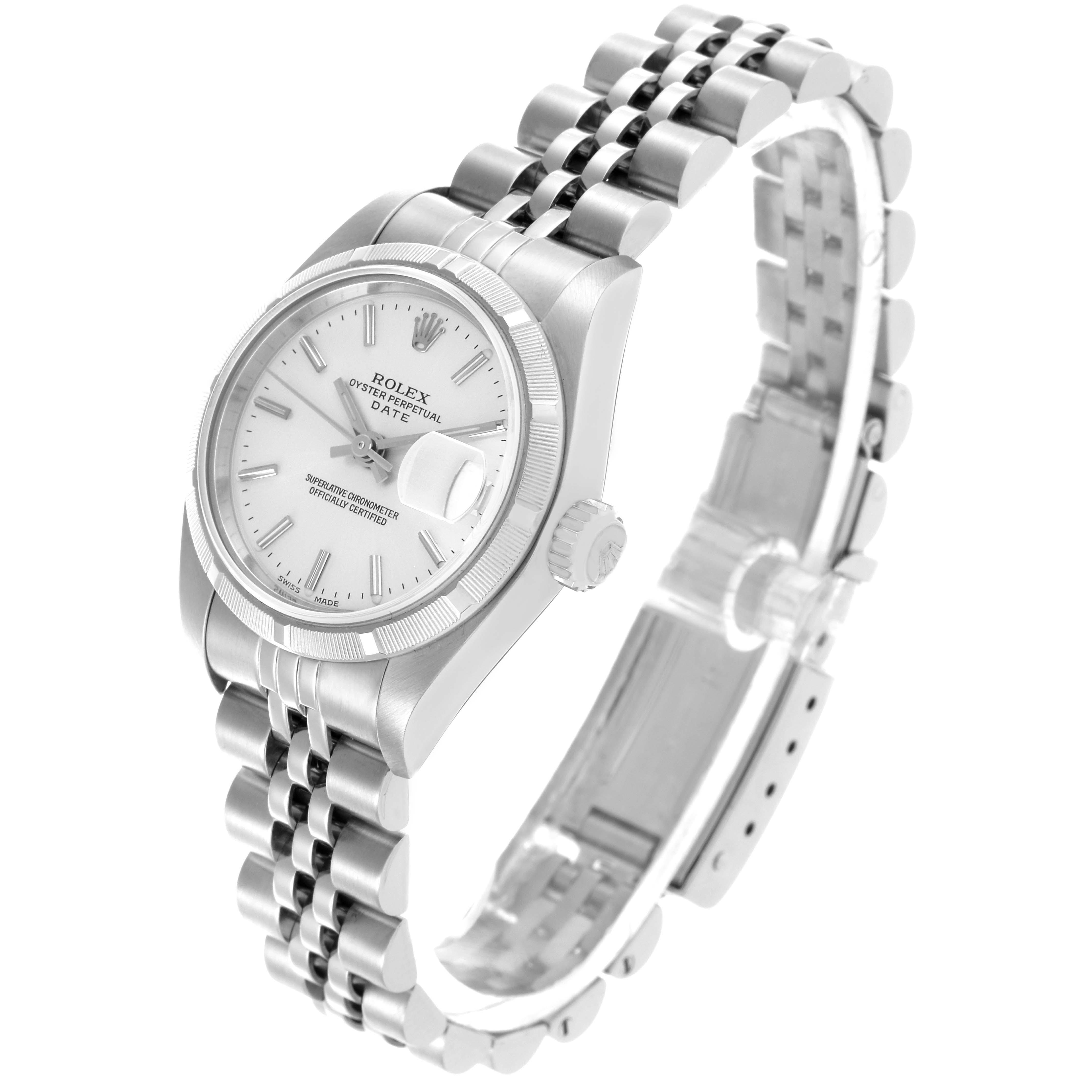 The Rolex Date 79190 Women
s Stainless Steel Silver Dial 79190 Women
s Stainless Steel Silver Dial watch is shown in a three-quarter view highlighting the dial, bezel, crown, and bracelet.