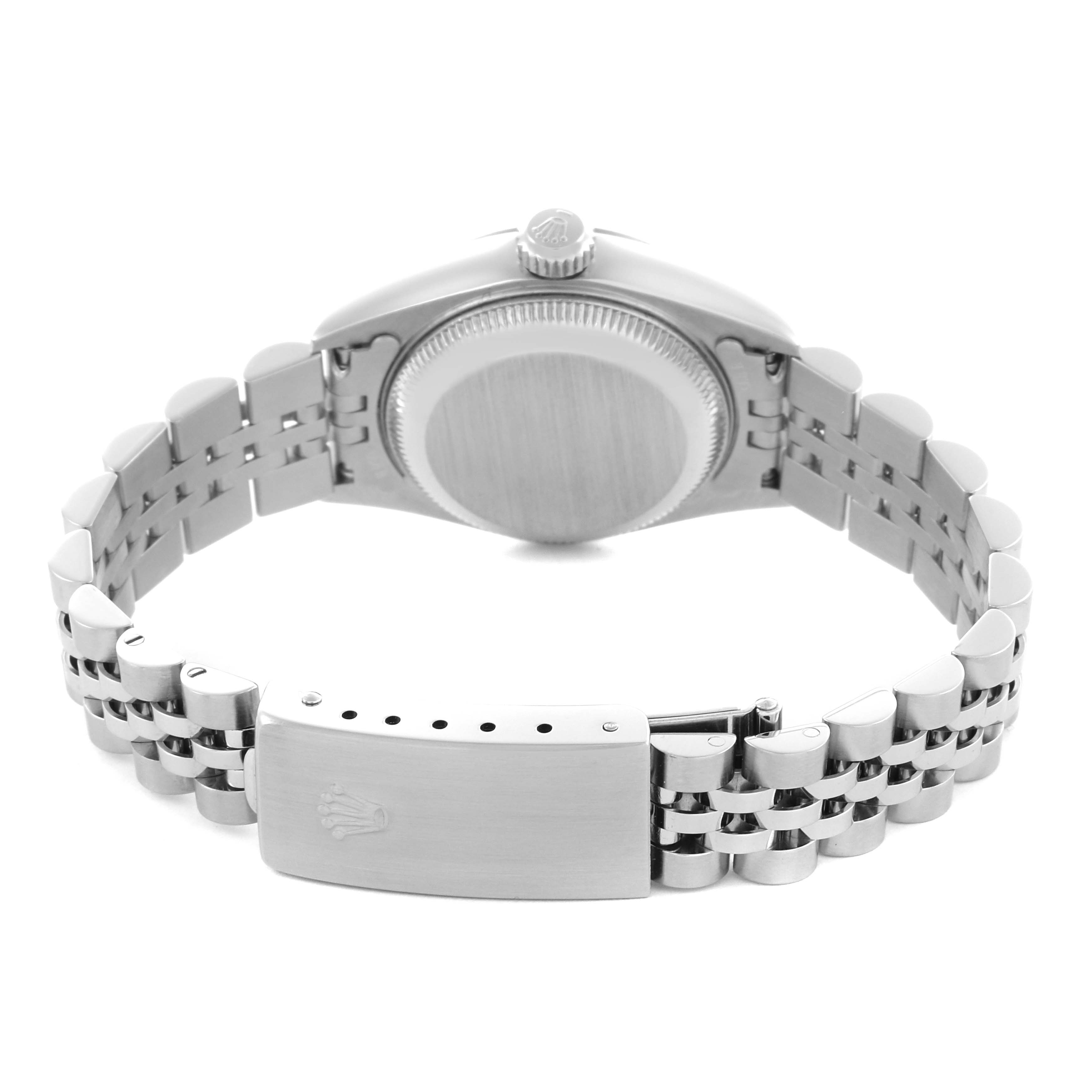 The image shows the back and clasp of a Rolex Date 79190 Women
s Stainless Steel Silver Dial 79190 Women
s Stainless Steel Silver Dial model watch, displaying the bracelet and caseback from a rear angle.