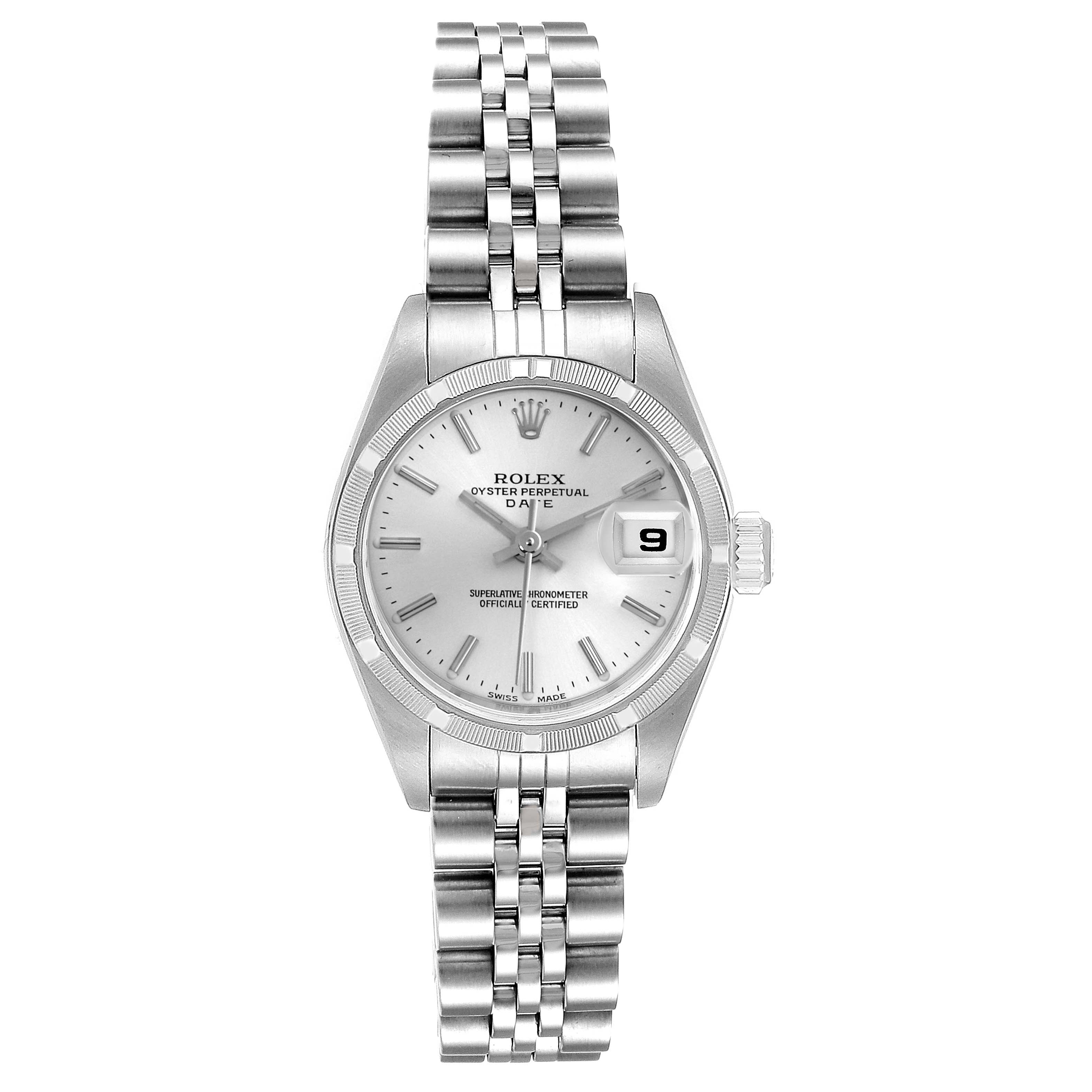 The Rolex Date 79190 Women
s Stainless Steel Silver Dial 79190 Women
s Stainless Steel Silver Dial watch is shown from the front, displaying the dial, date window, bezel, and bracelet.