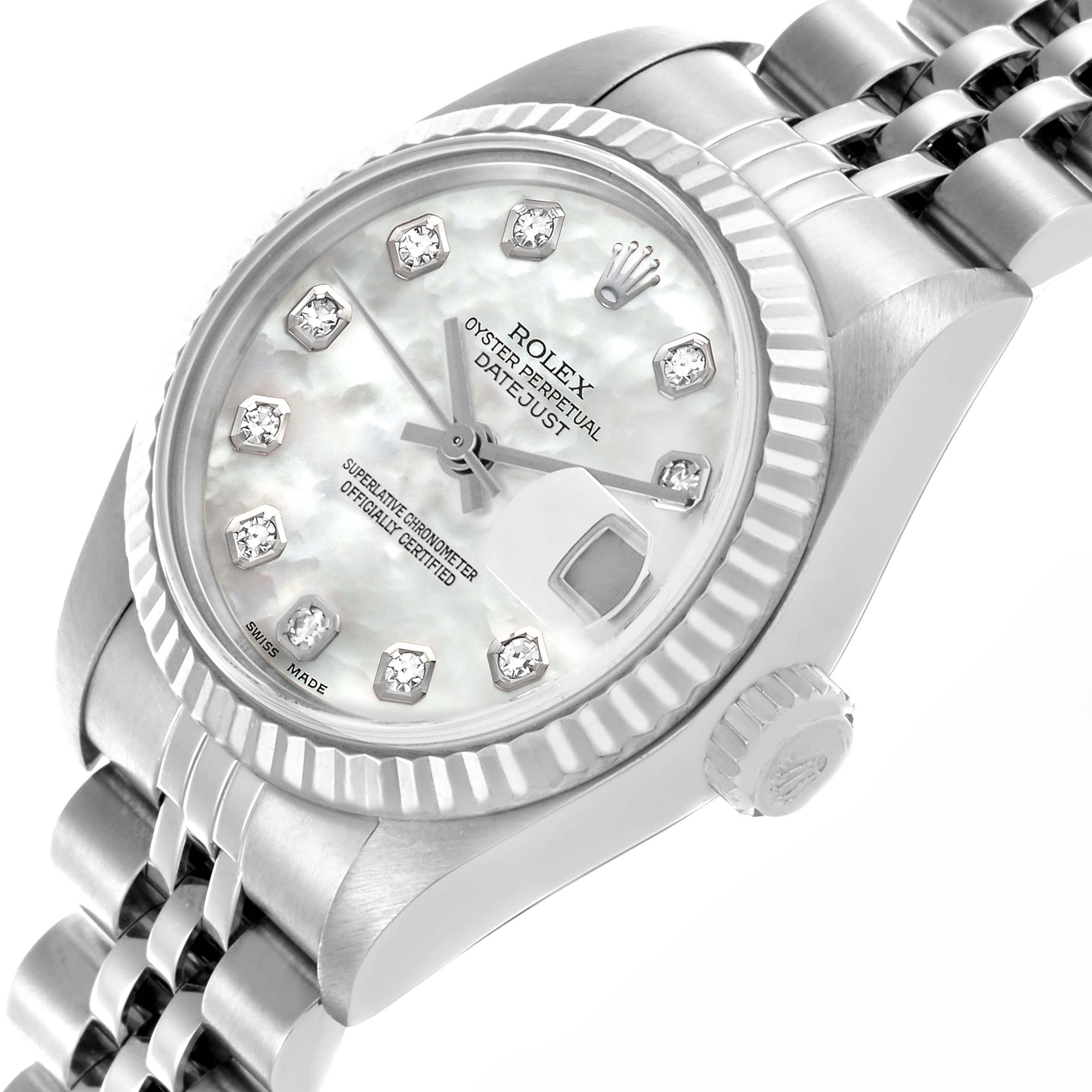 The Rolex Datejust 79174 Women's Stainless Steel Mother of Pearl Dial 79174 Women's Stainless Steel Mother of Pearl Dial watch is shown at an angle highlighting the dial, bezel, crown, and bracelet.