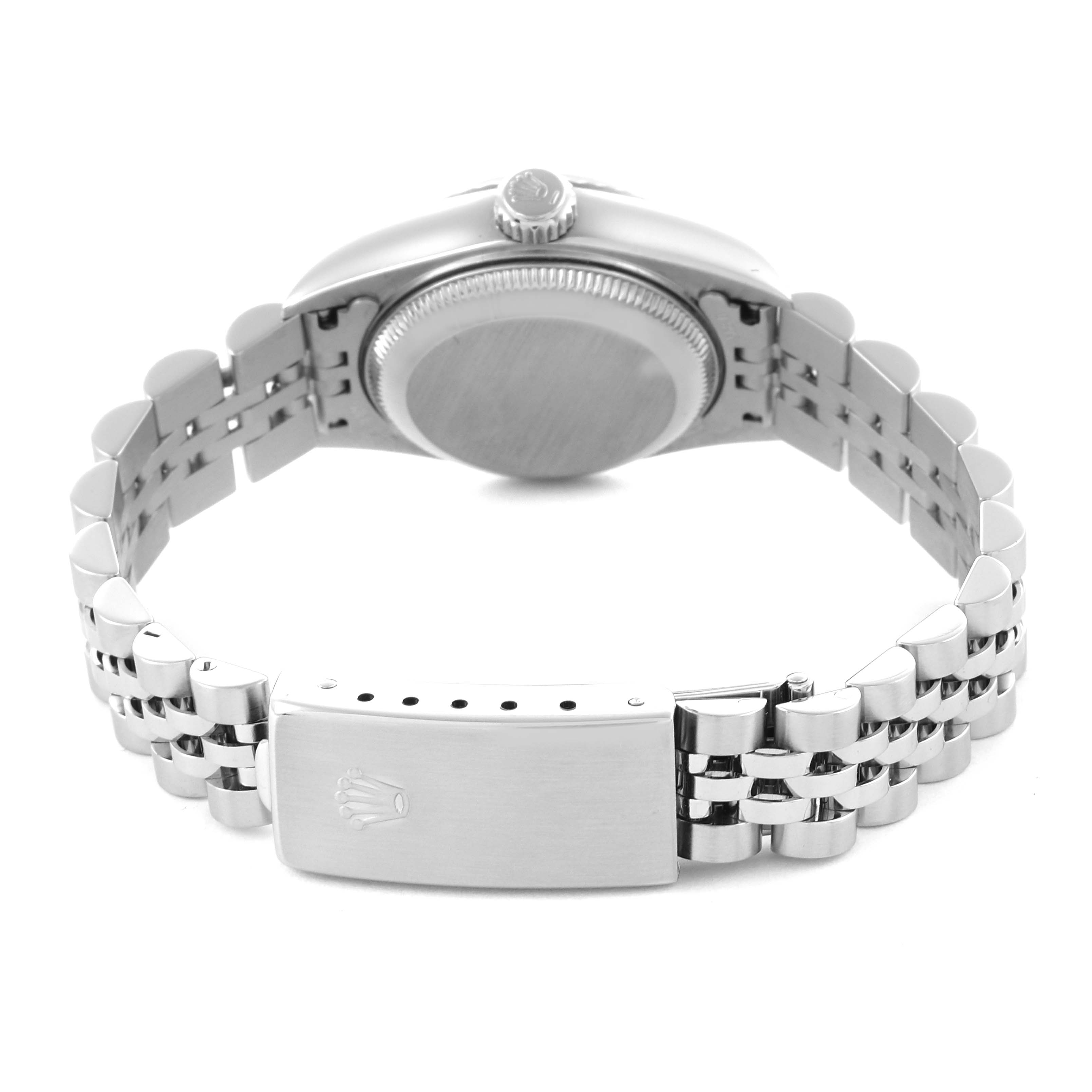 The image shows the back and side of the Rolex Datejust 79174 Women's Stainless Steel Mother of Pearl Dial 79174 Women's Stainless Steel Mother of Pearl Dial watch, highlighting the clasp and bracelet design.