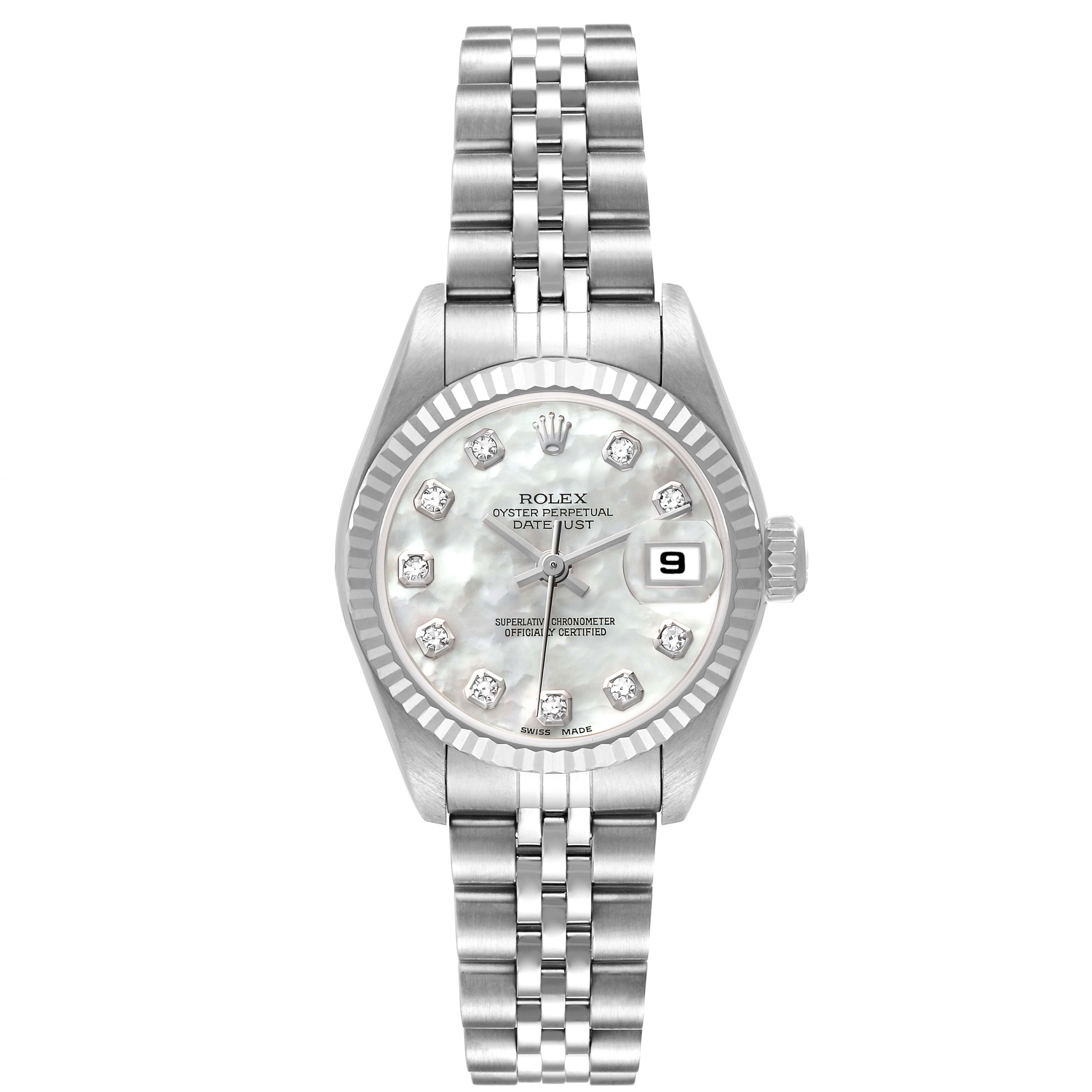 The Rolex Datejust 79174 Women's Stainless Steel Mother of Pearl Dial 79174 Women's Stainless Steel Mother of Pearl Dial watch is shown from a front view, featuring its dial, bezel, and bracelet.