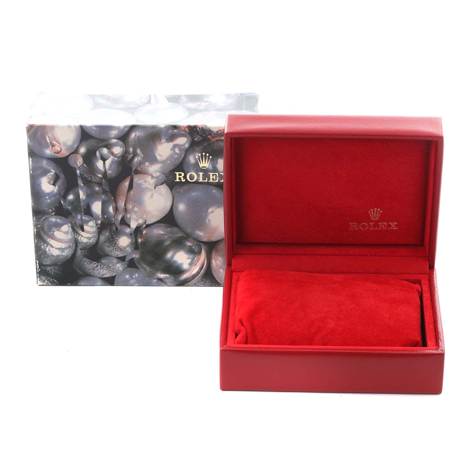 The image shows a Rolex Datejust 79174 Women's Stainless Steel Mother of Pearl Dial 79174 Women's Stainless Steel Mother of Pearl Dial watch box set, featuring an open red box and its outer packaging.