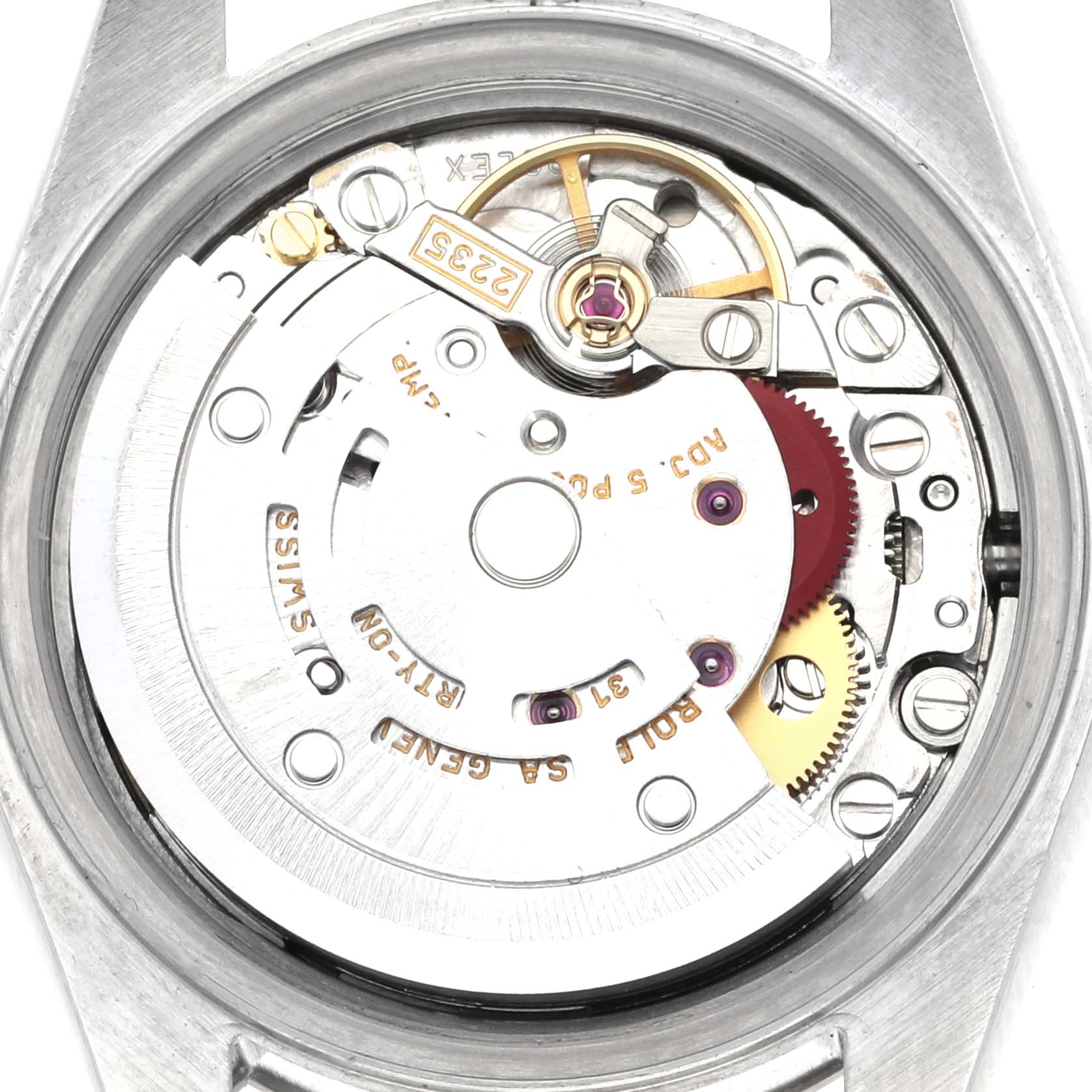 The image shows the movement of a Rolex Datejust 79174 Women's Stainless Steel Mother of Pearl Dial 79174 Women's Stainless Steel Mother of Pearl Dial watch from a back angle, highlighting gears and internal components.