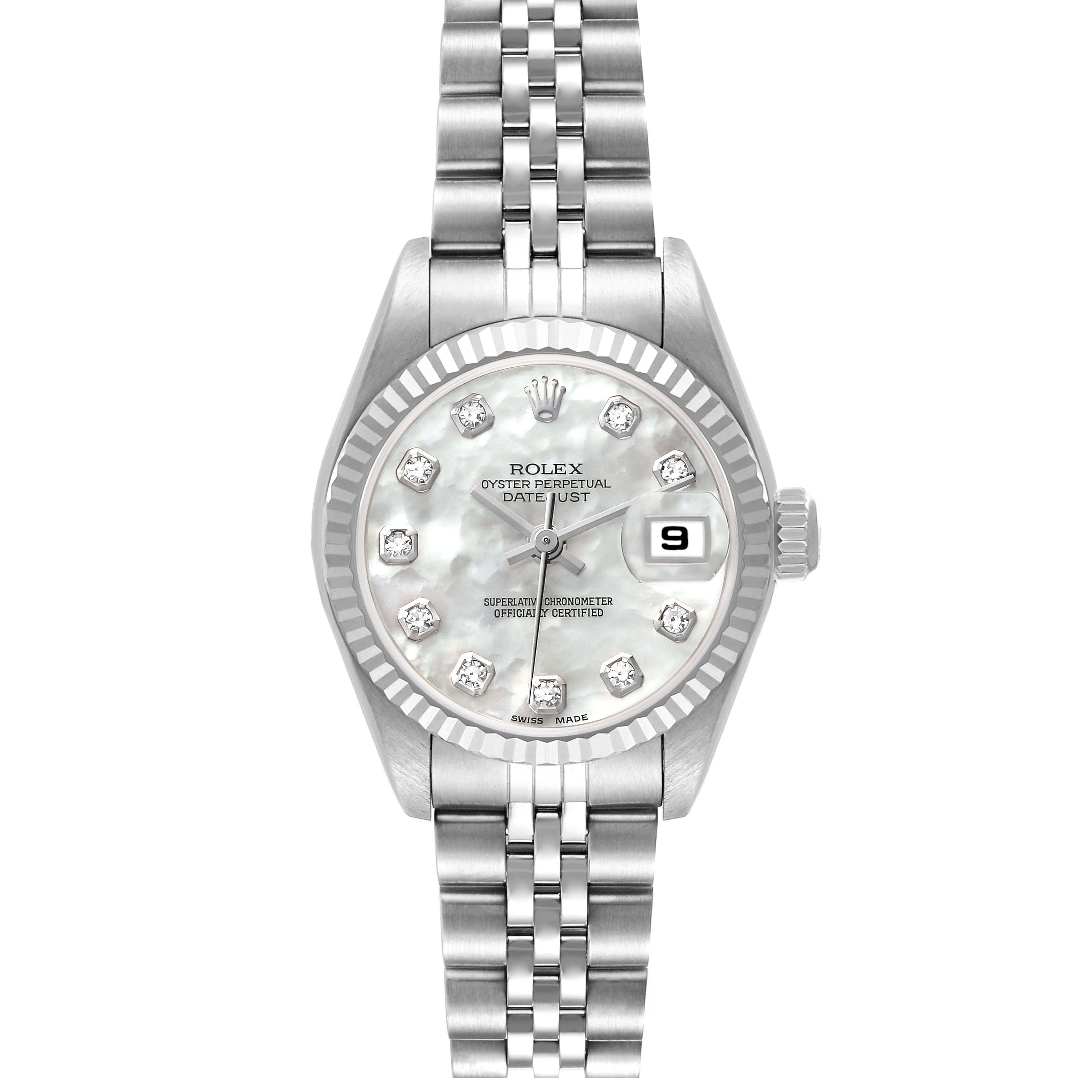 The Rolex Datejust 79174 Women's Stainless Steel Mother of Pearl Dial 79174 Women's Stainless Steel Mother of Pearl Dial watch is shown from a front view, displaying the dial, bezel, bracelet, and crown.