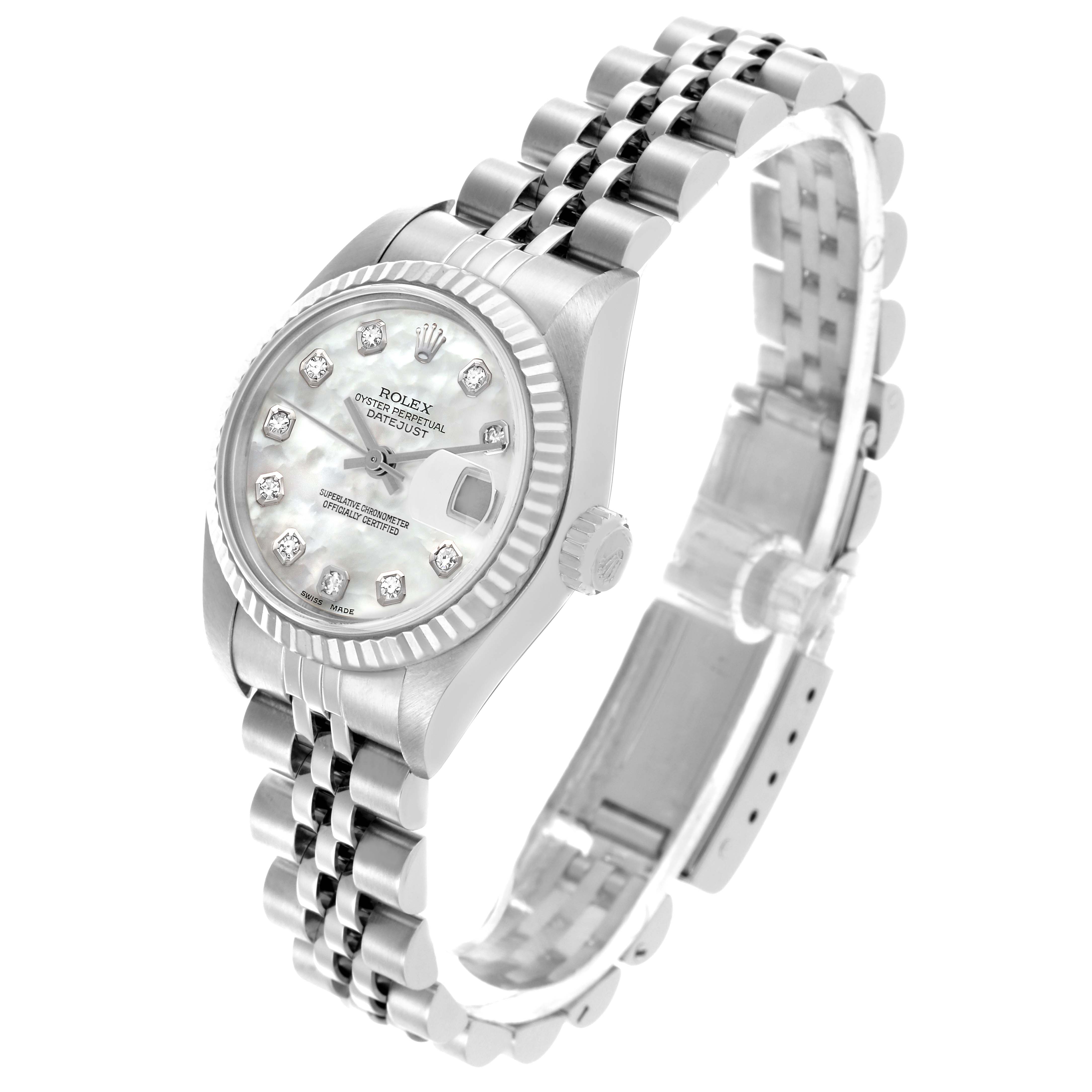 The Rolex Datejust 79174 Women's Stainless Steel Mother of Pearl Dial 79174 Women's Stainless Steel Mother of Pearl Dial watch is shown at a three-quarter angle, displaying the face, bezel, crown, and bracelet.