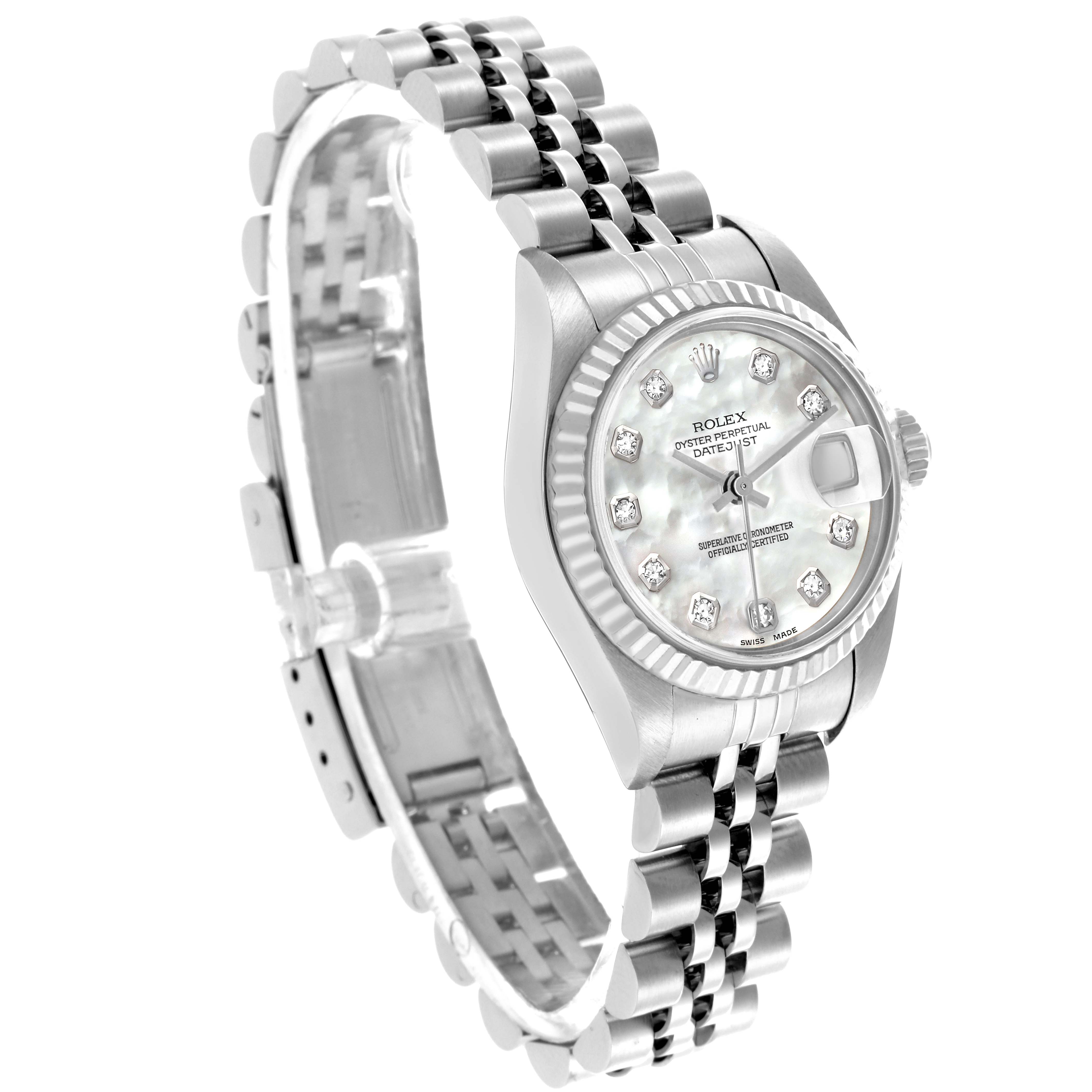 The Rolex Datejust 79174 Women's Stainless Steel Mother of Pearl Dial 79174 Women's Stainless Steel Mother of Pearl Dial watch is shown at a three-quarter angle, displaying the dial, bezel, and bracelet.