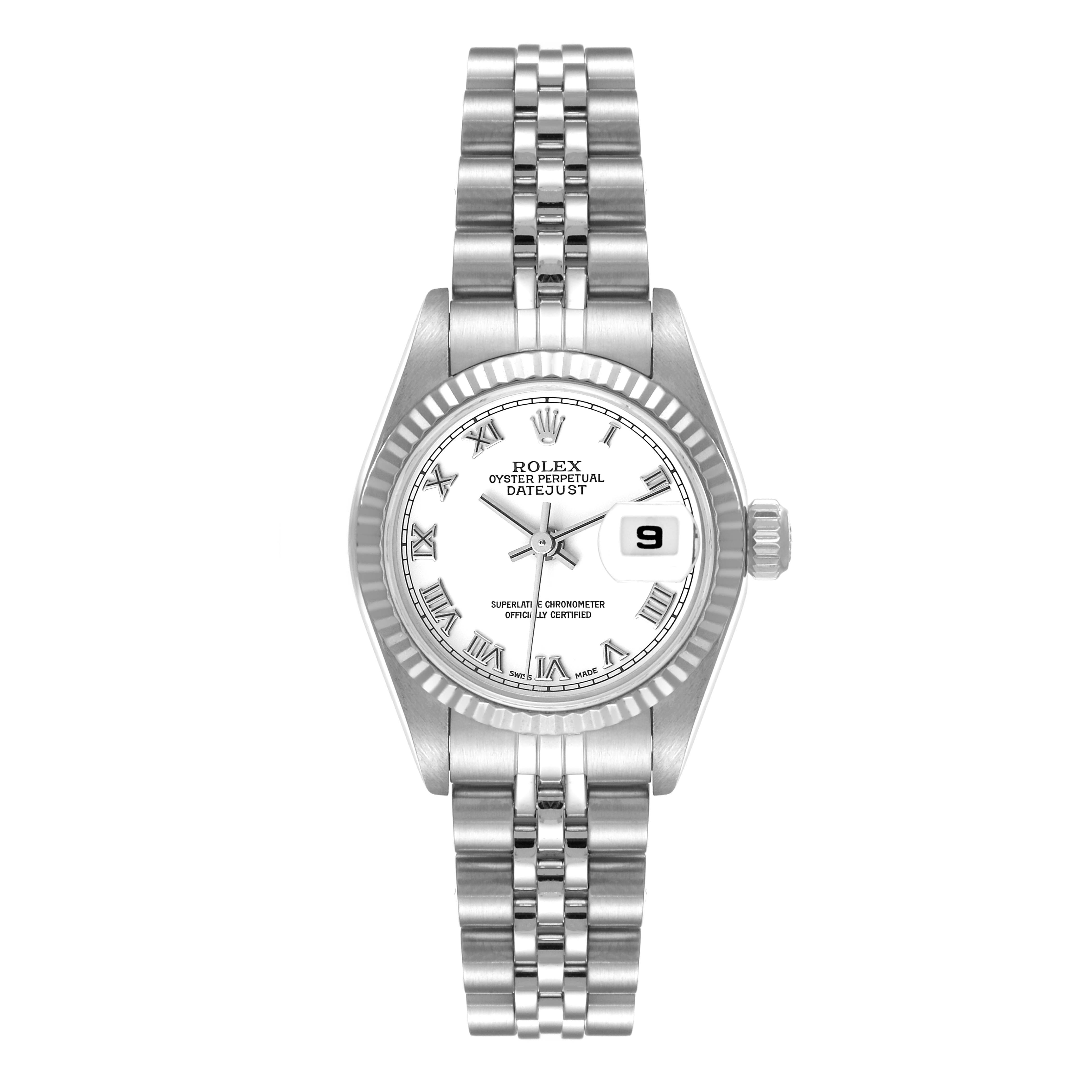 The image shows a Rolex Datejust 79174 Women's Stainless Steel White Dial 79174 Women's Stainless Steel White Dial watch from the front, highlighting the face, bracelet, and date feature.